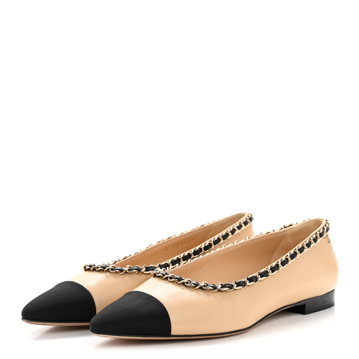 Lambskin Grosgrain Chain Cap Toe Flats 37.5 Beige Black - Image 4