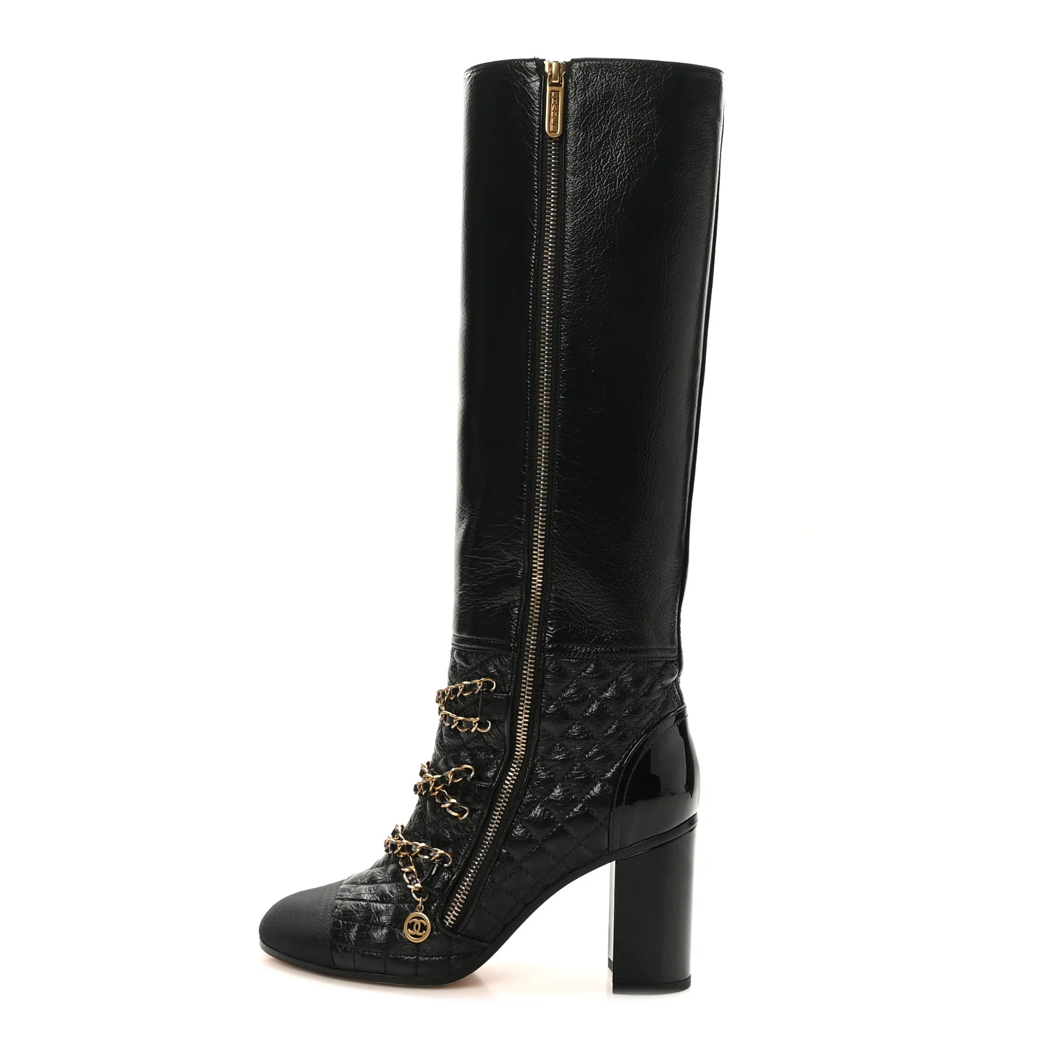 Lambskin Grosgrain Patent Chained High Boots 38 Black
