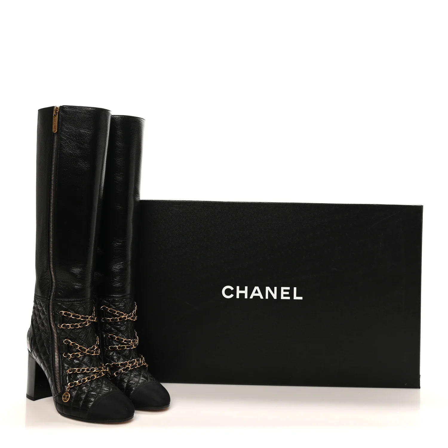 Lambskin Grosgrain Patent Chained High Boots 38 Black - Image 10