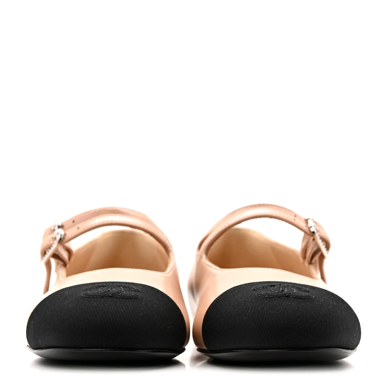 Lambskin Grosgrain Pearl Mary Jane Flats 38.5 Beige Black - Image 3