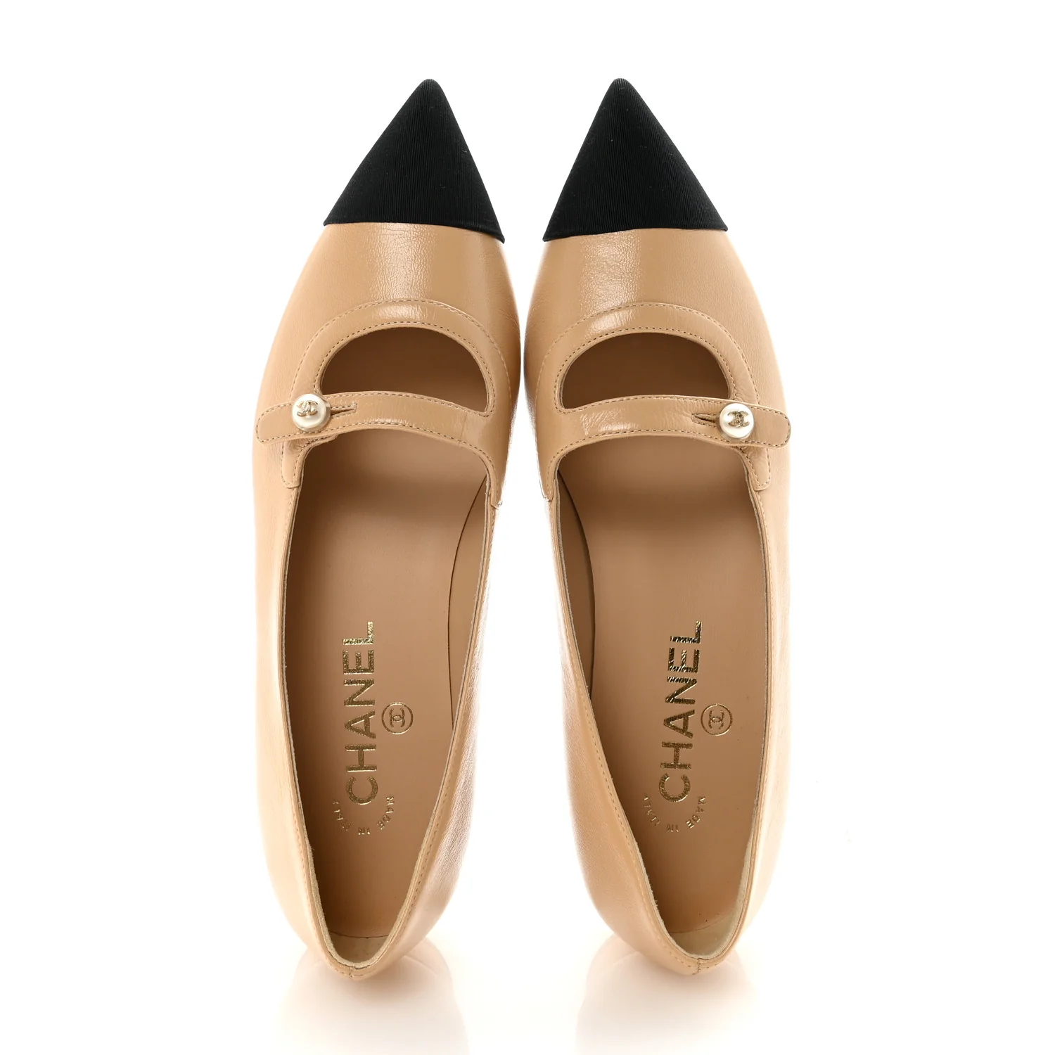 Lambskin Grosgrain Pointed Toe CC Ballet Flats 38 Beige Black - Image 2
