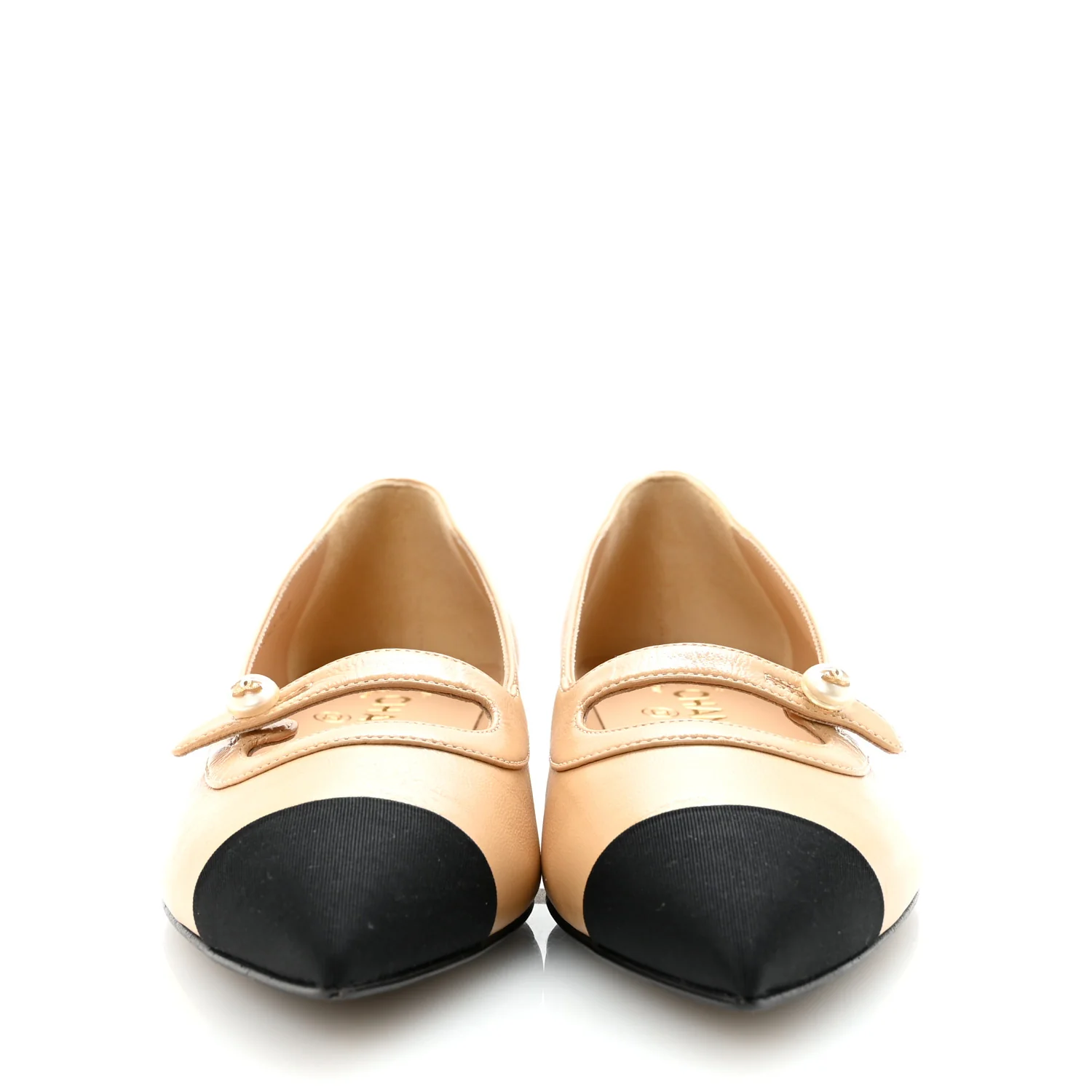 Lambskin Grosgrain Pointed Toe CC Ballet Flats 38 Beige Black - Image 3
