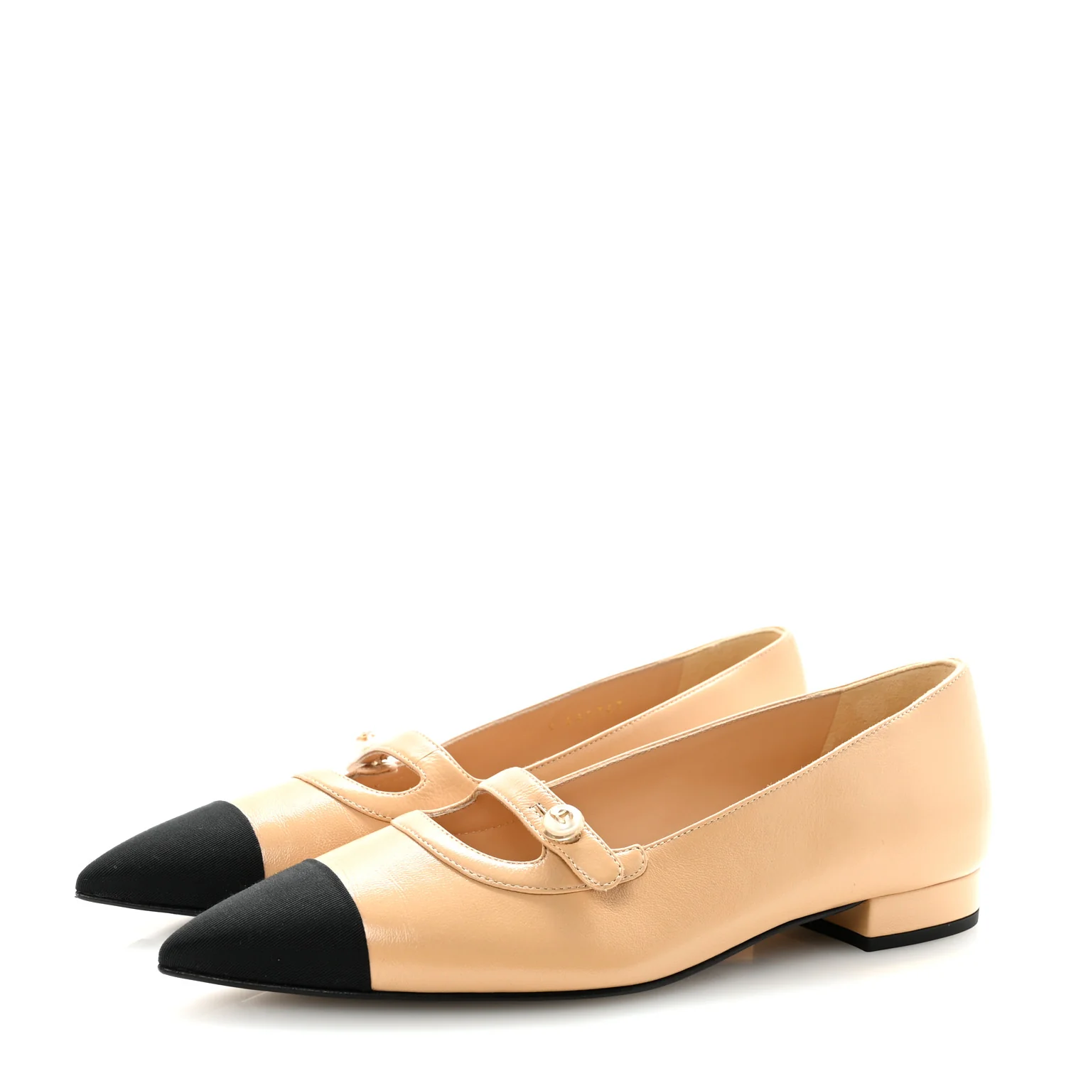 Lambskin Grosgrain Pointed Toe CC Ballet Flats 38 Beige Black - Image 4