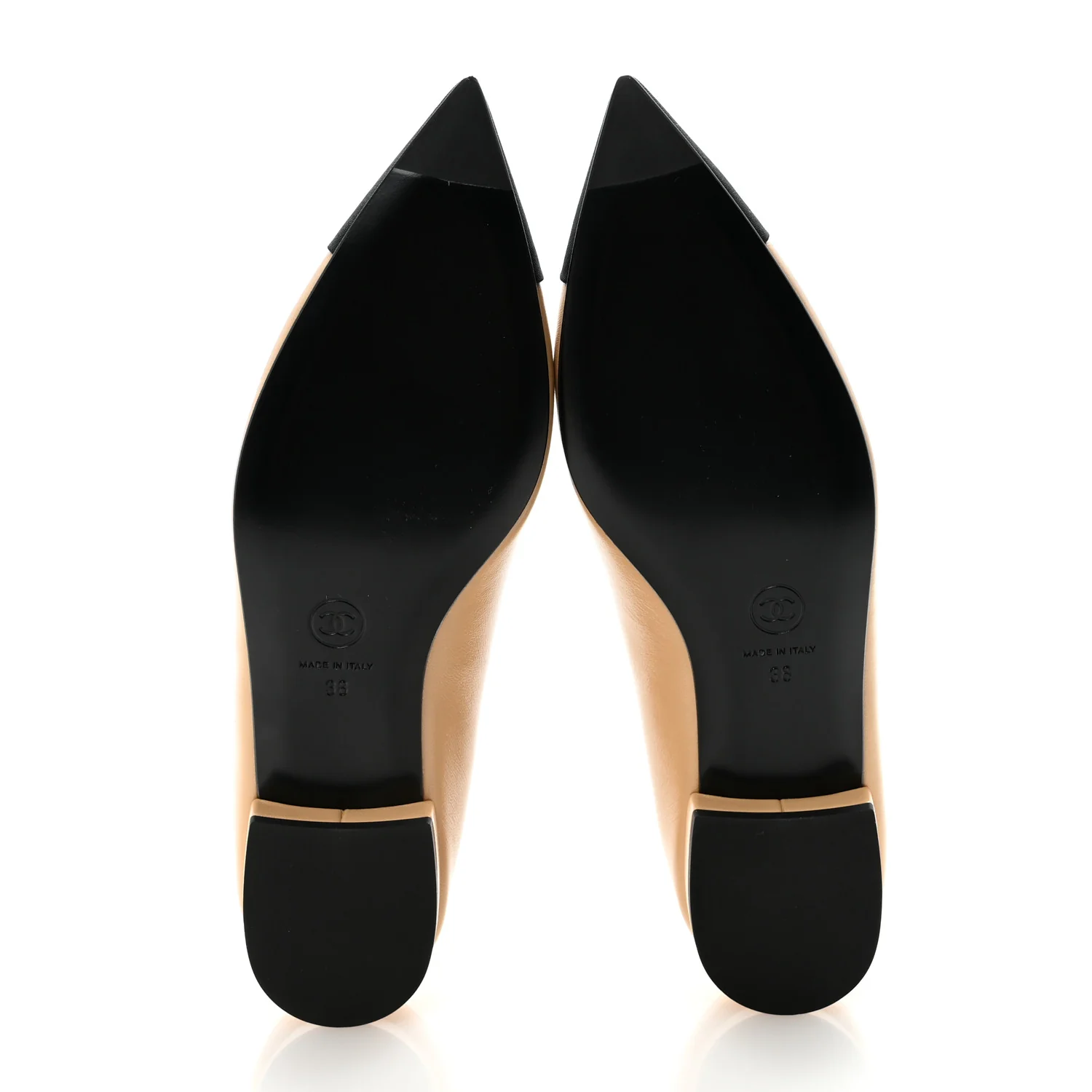 Lambskin Grosgrain Pointed Toe CC Ballet Flats 38 Beige Black - Image 6