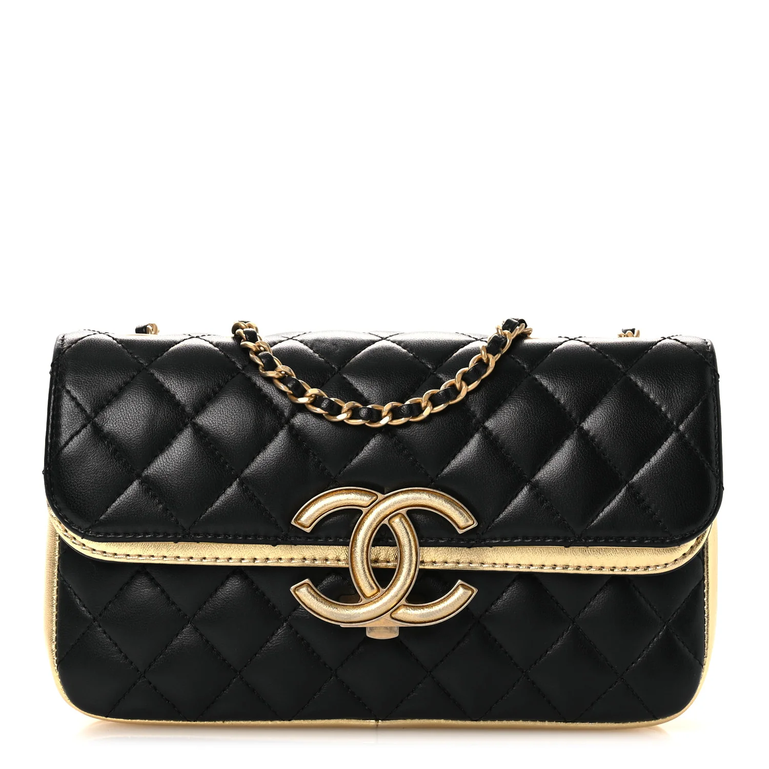 Lambskin Metallic Quilted Small CC Chic Double Flap Black Gold