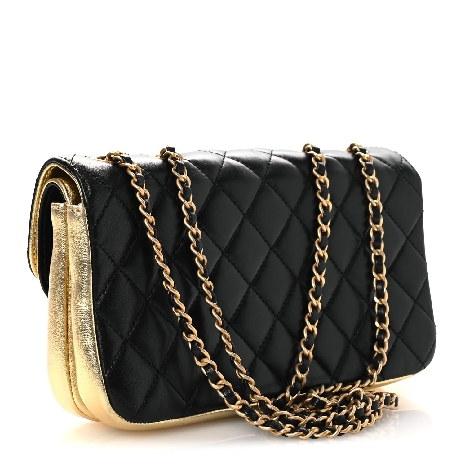 Lambskin Metallic Quilted Small CC Chic Double Flap Black Gold - Image 3