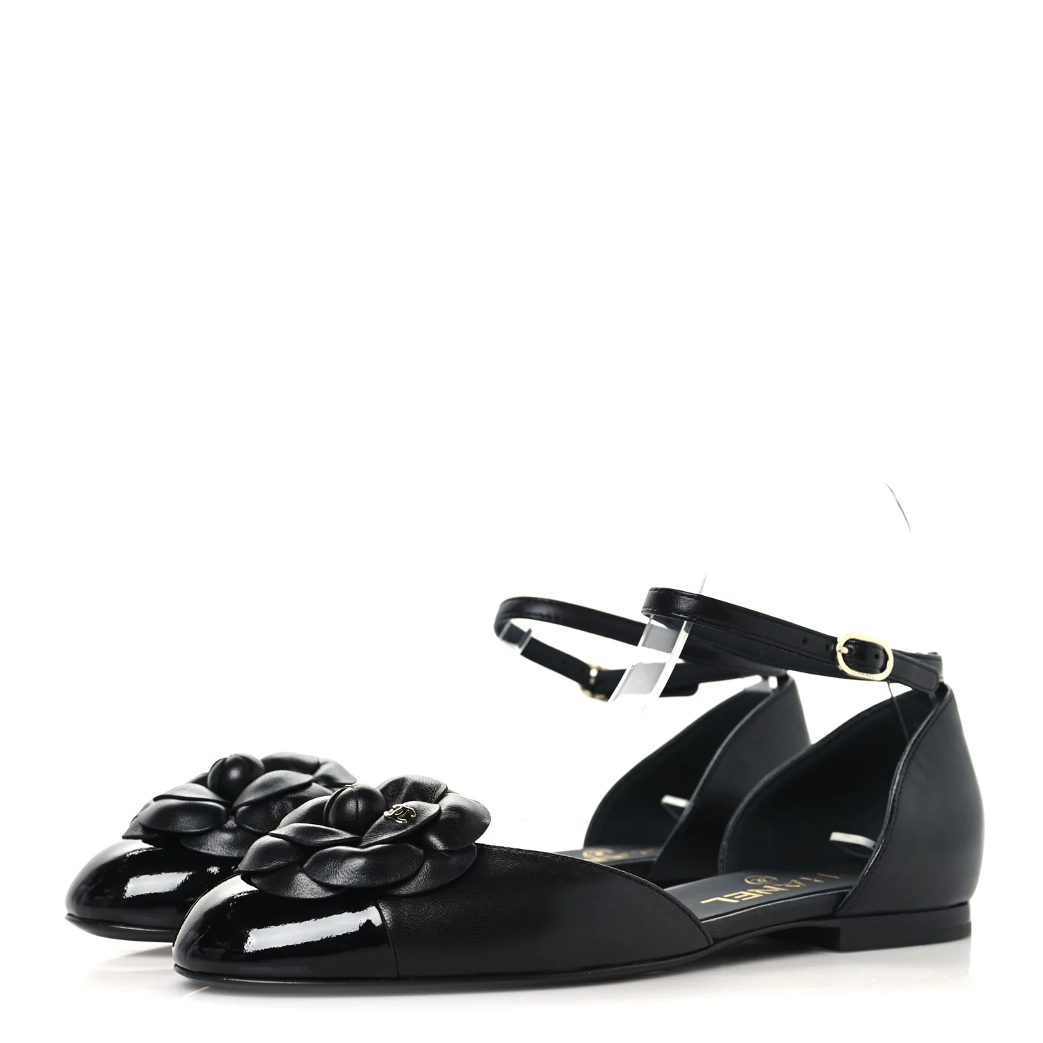 Lambskin Patent Calfskin Cap Toe Camellia Mary Jane Flats 37.5 Black - Image 4