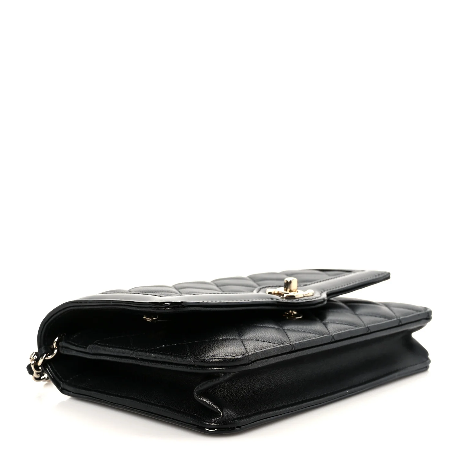 Lambskin Patent Calfskin Quilted Hold The Line CC Wallet On Chain WOC Black - Image 4