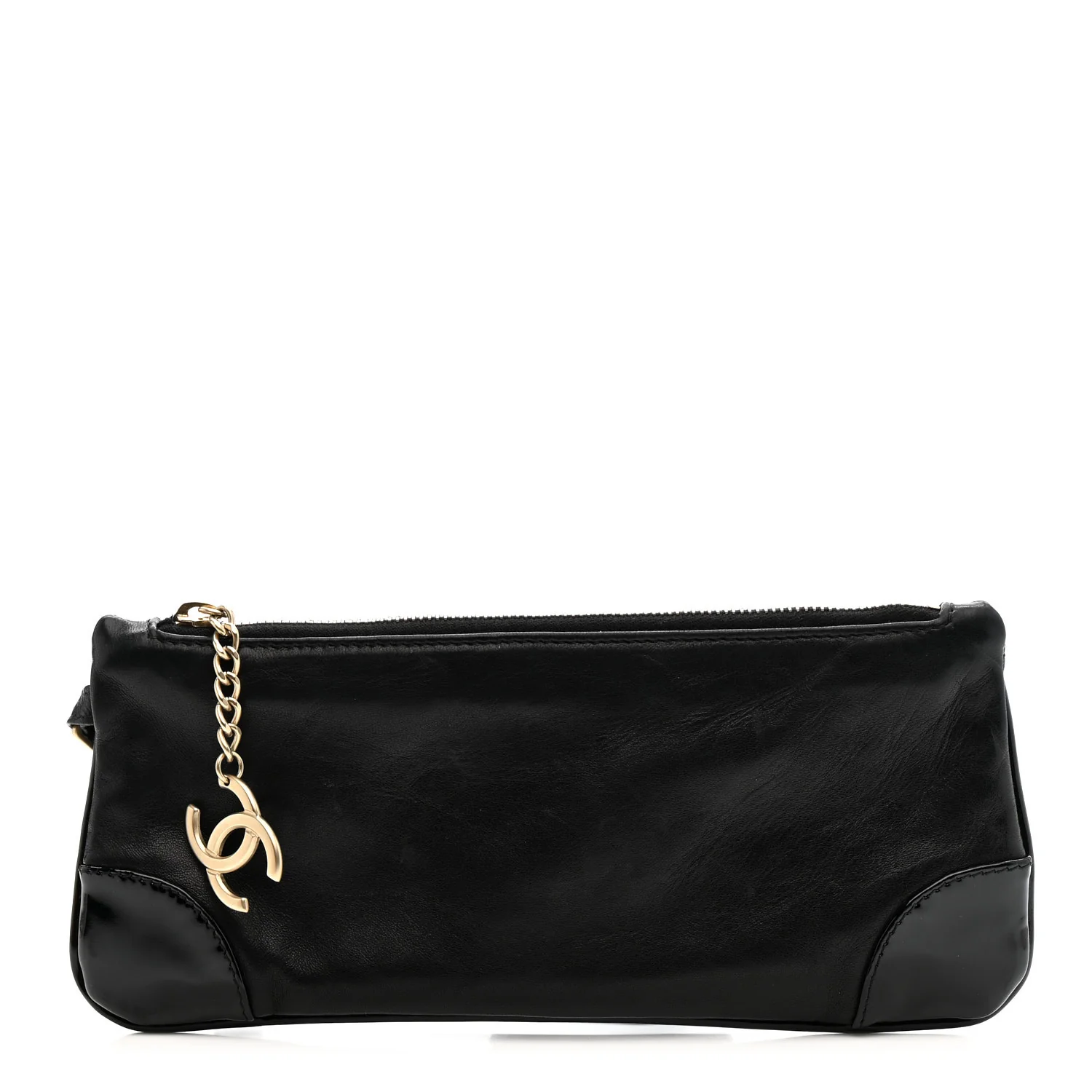 Lambskin Patent Camellia Wristlet Black