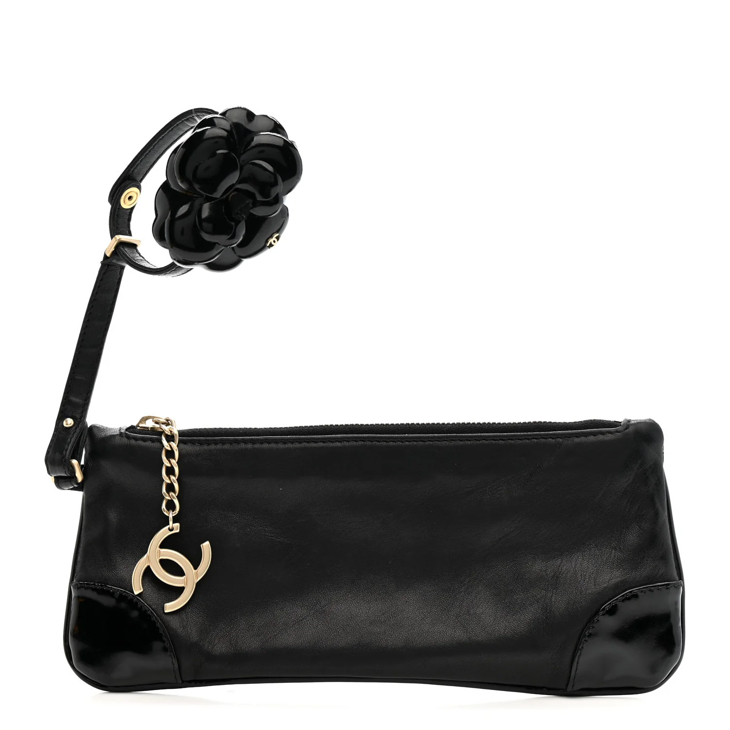 Lambskin Patent Camellia Wristlet Black - Image 4