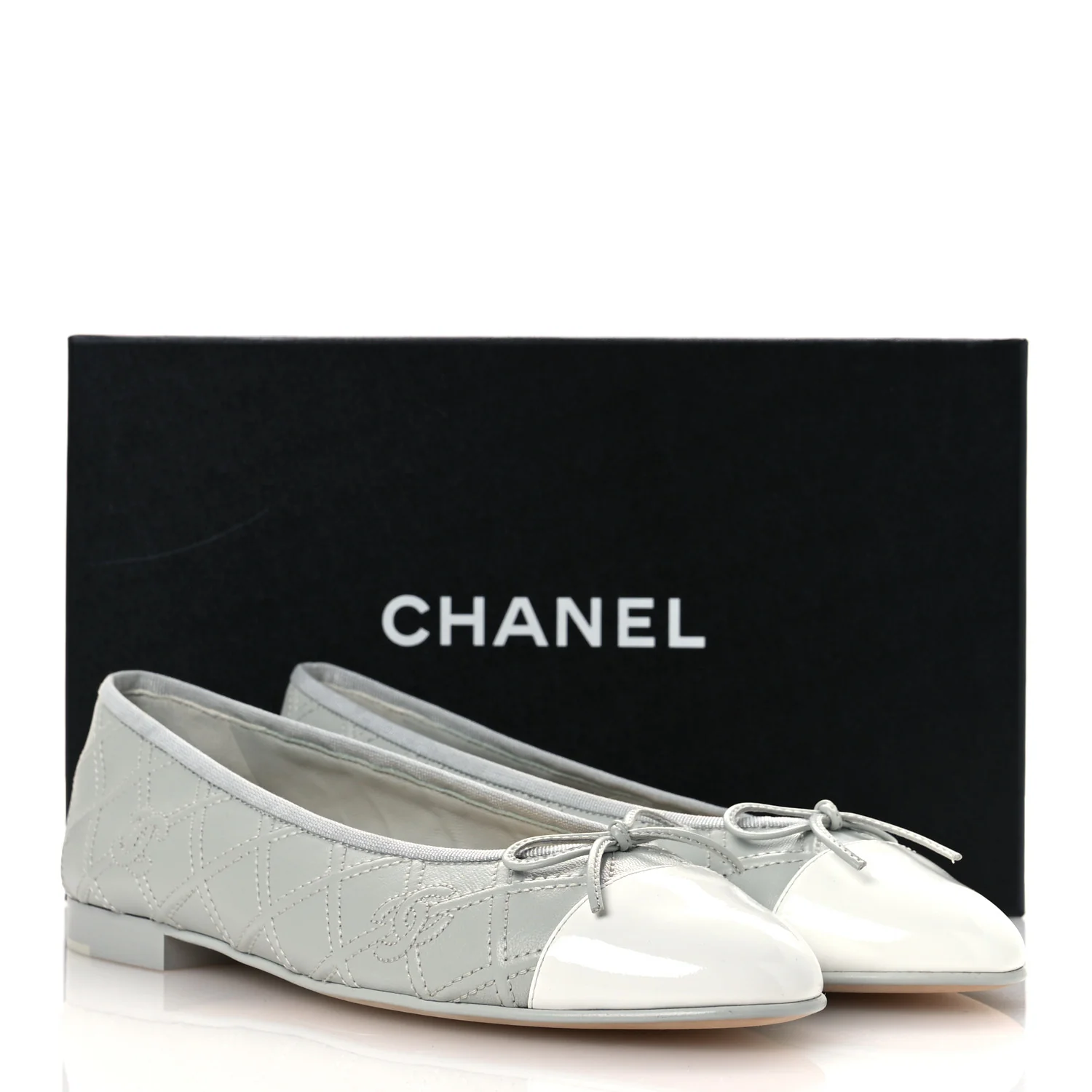 Lambskin Patent Double Stitched CC Cap Toe Ballerina Flats 40.5 Light Blue White - Image 13