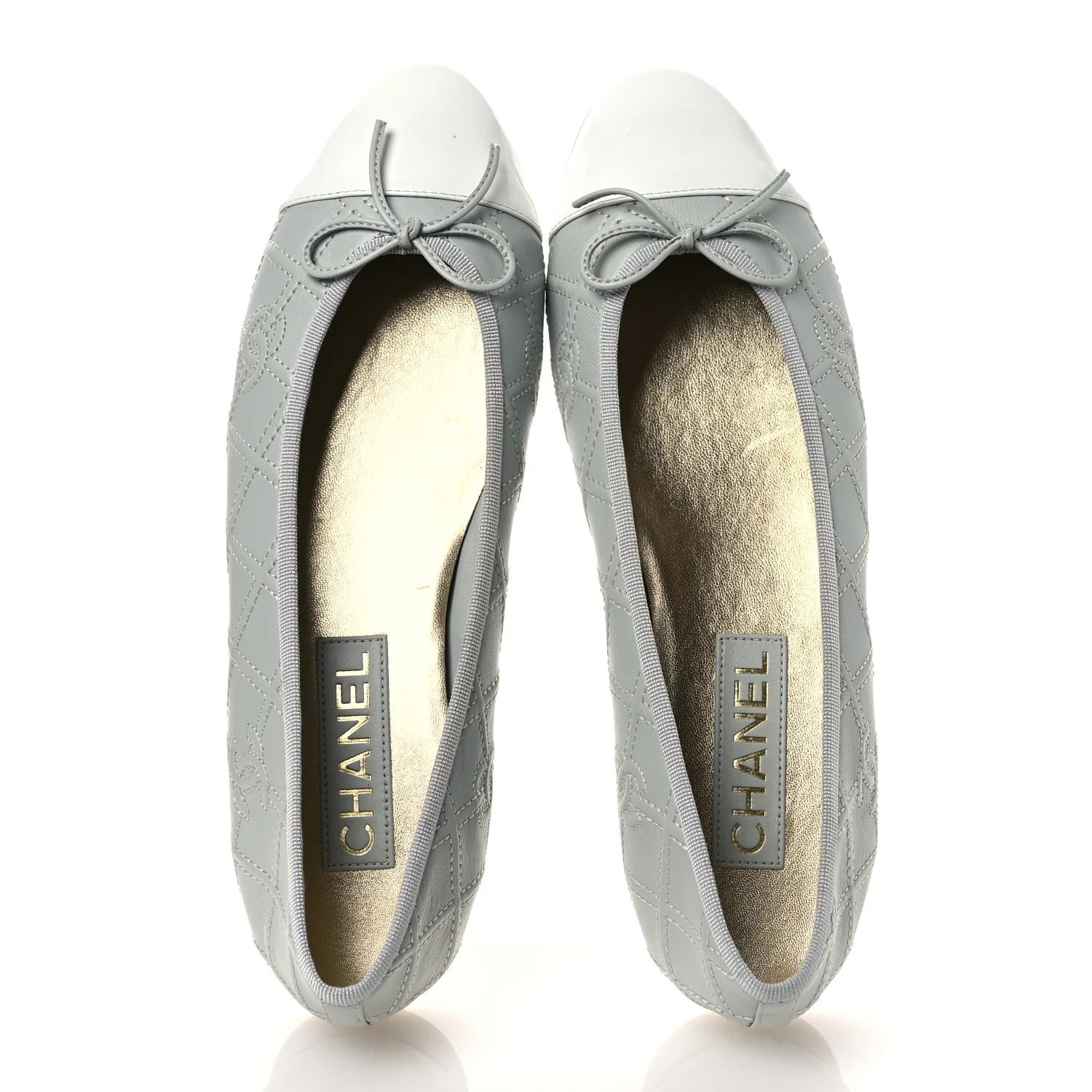 Lambskin Patent Double Stitched CC Cap Toe Ballerina Flats 40.5 Light Blue White - Image 2