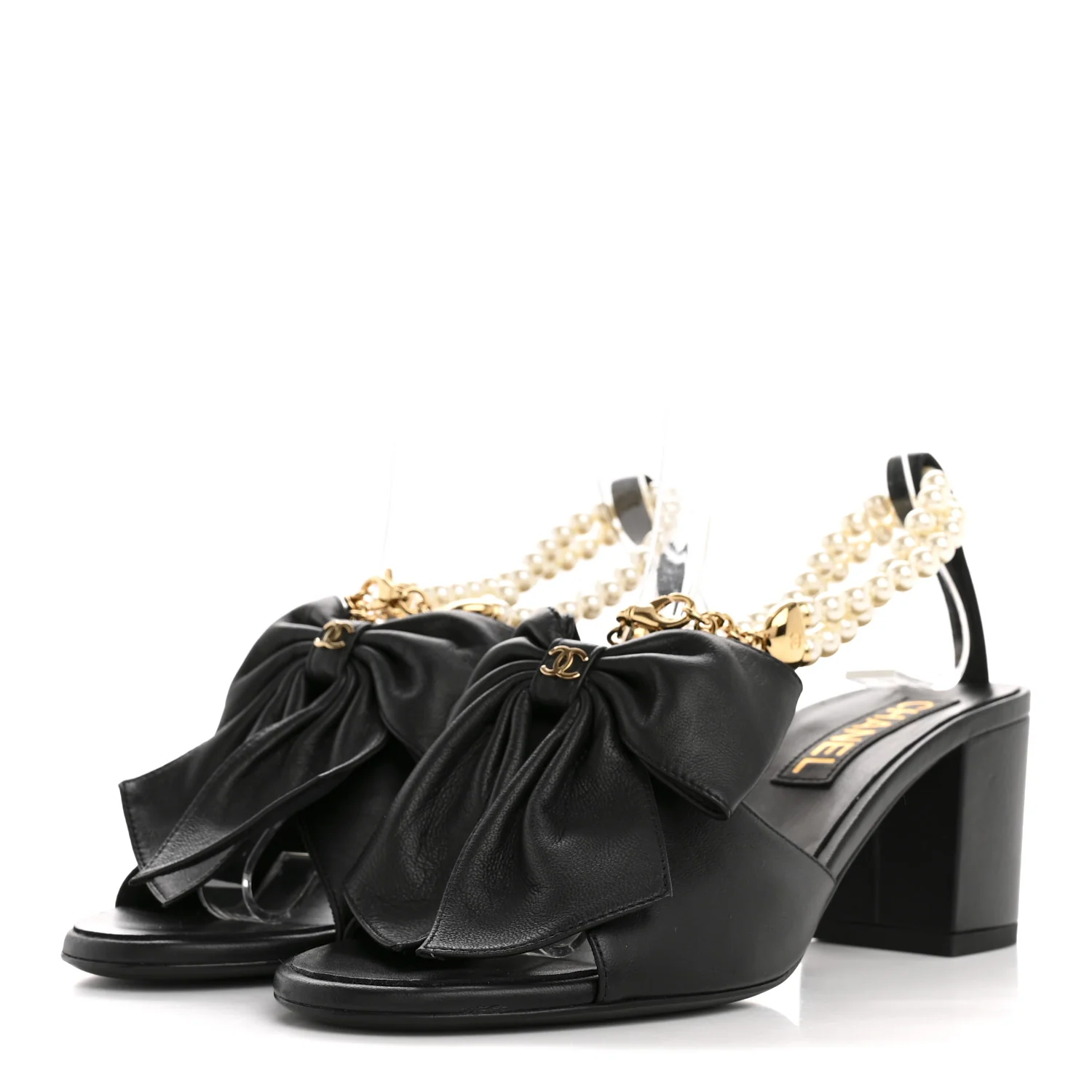 Lambskin Pearl Bow CC Ankle Strap Sandals 37 Black - Image 4