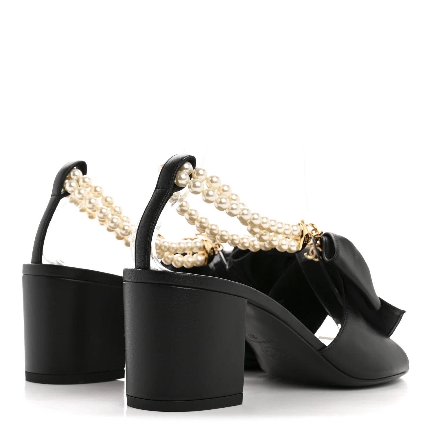 Lambskin Pearl Bow CC Ankle Strap Sandals 37 Black - Image 5