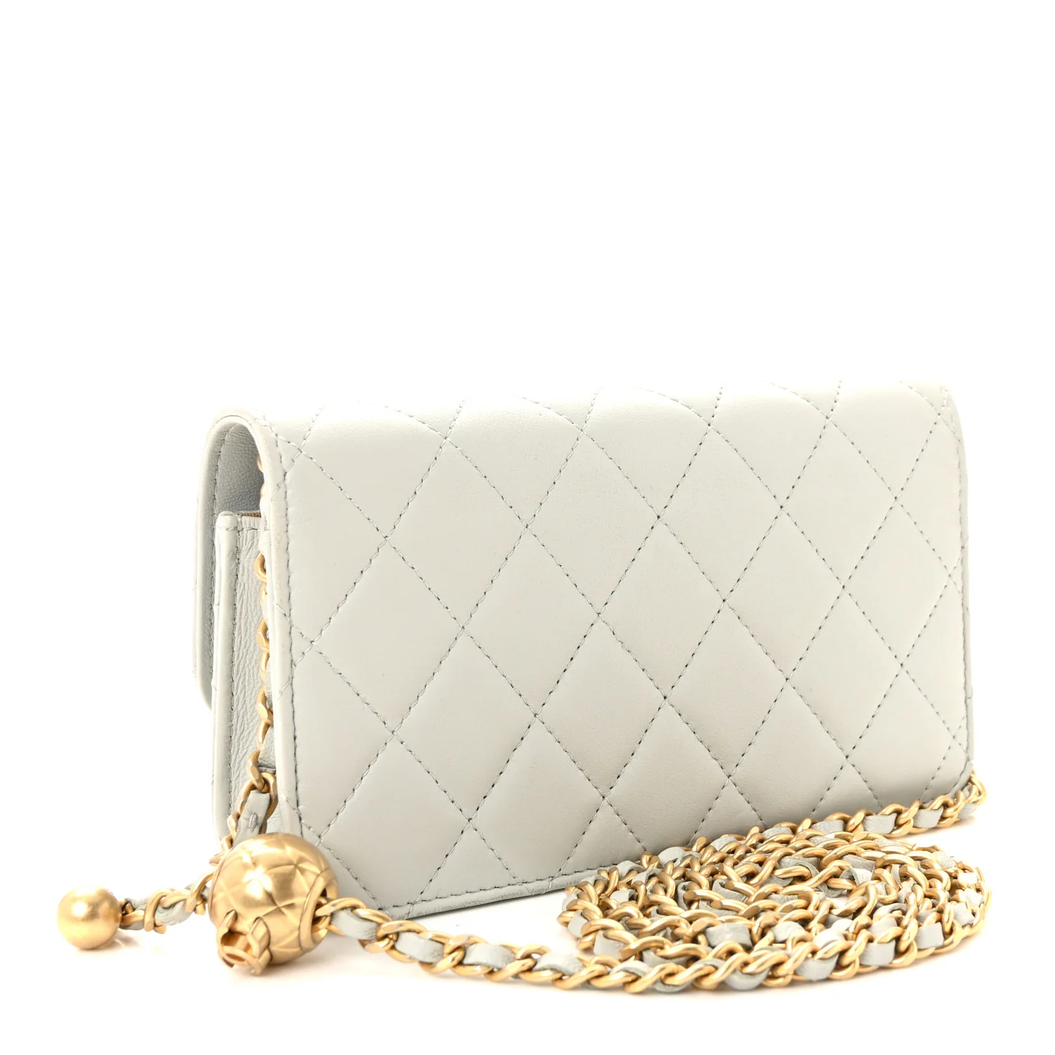 Lambskin Pearl Crush Quilted Flap Phone Holder With Chain Light Grey - Image 3
