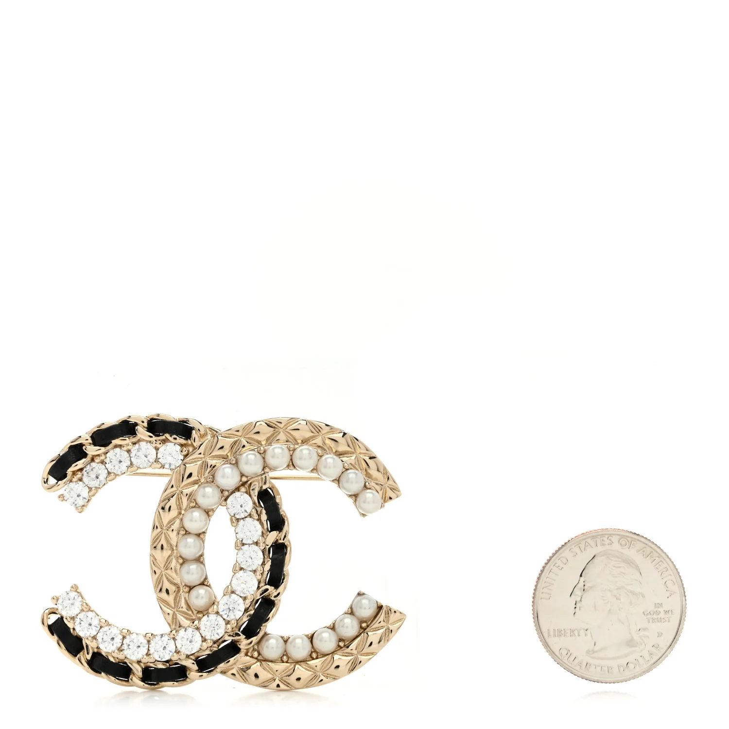 Lambskin Pearl Crystal Quilted CC Brooch Black Gold - Image 2