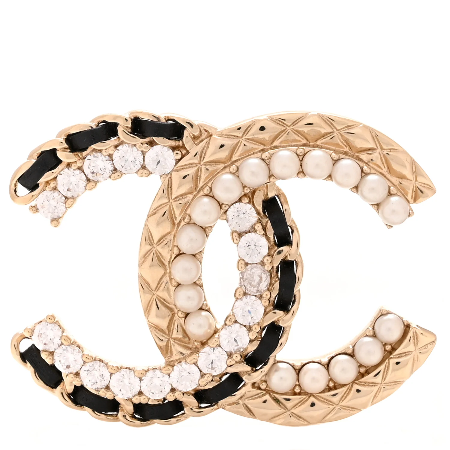 Lambskin Pearl Crystal Quilted CC Brooch Black Gold