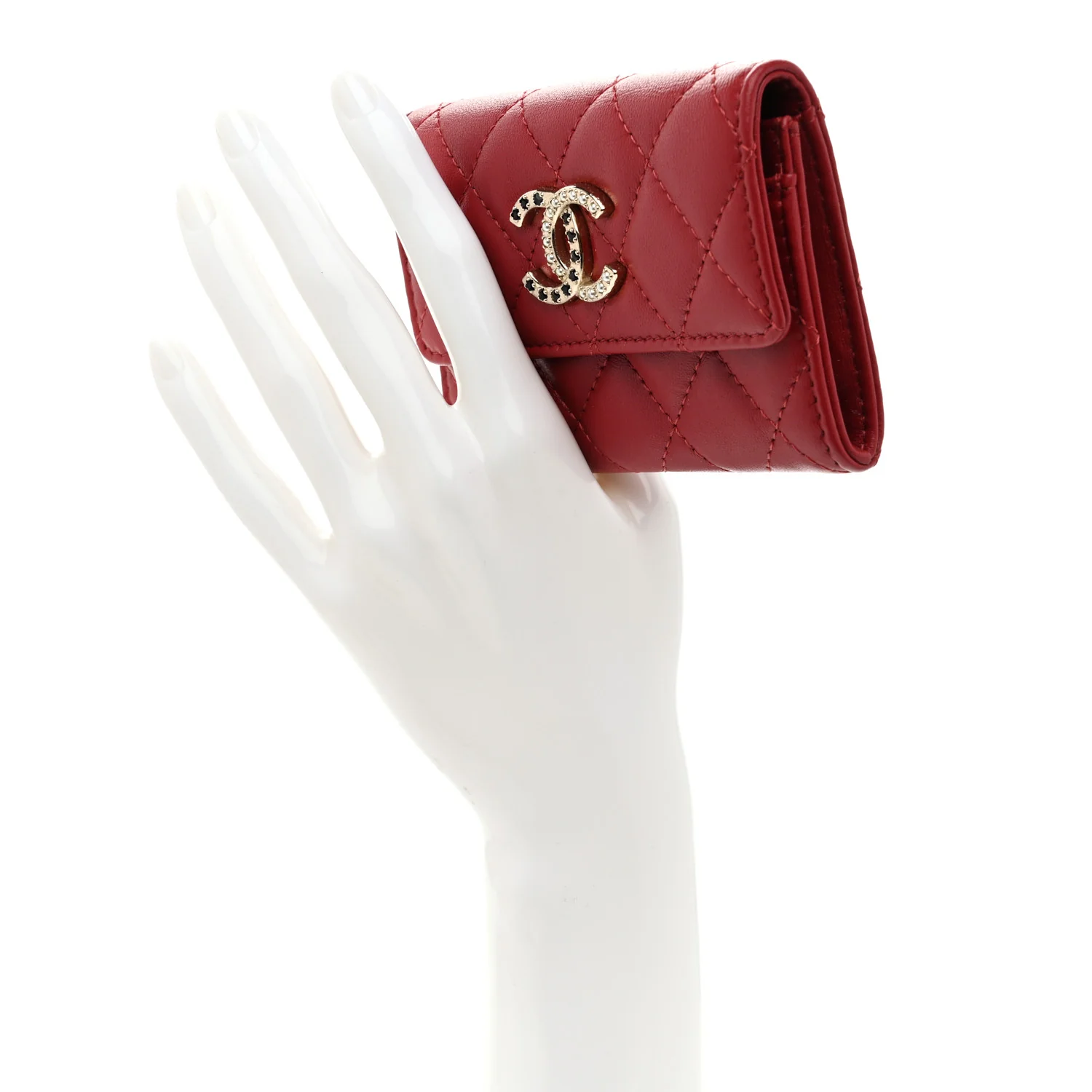 Lambskin Pearl Enamel Quilted Flap Card Holder Red - Image 2