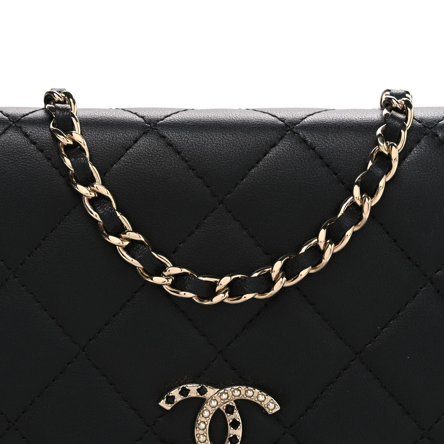 Lambskin Pearl Strass Quilted CC Wallet on Chain WOC Black - Image 9