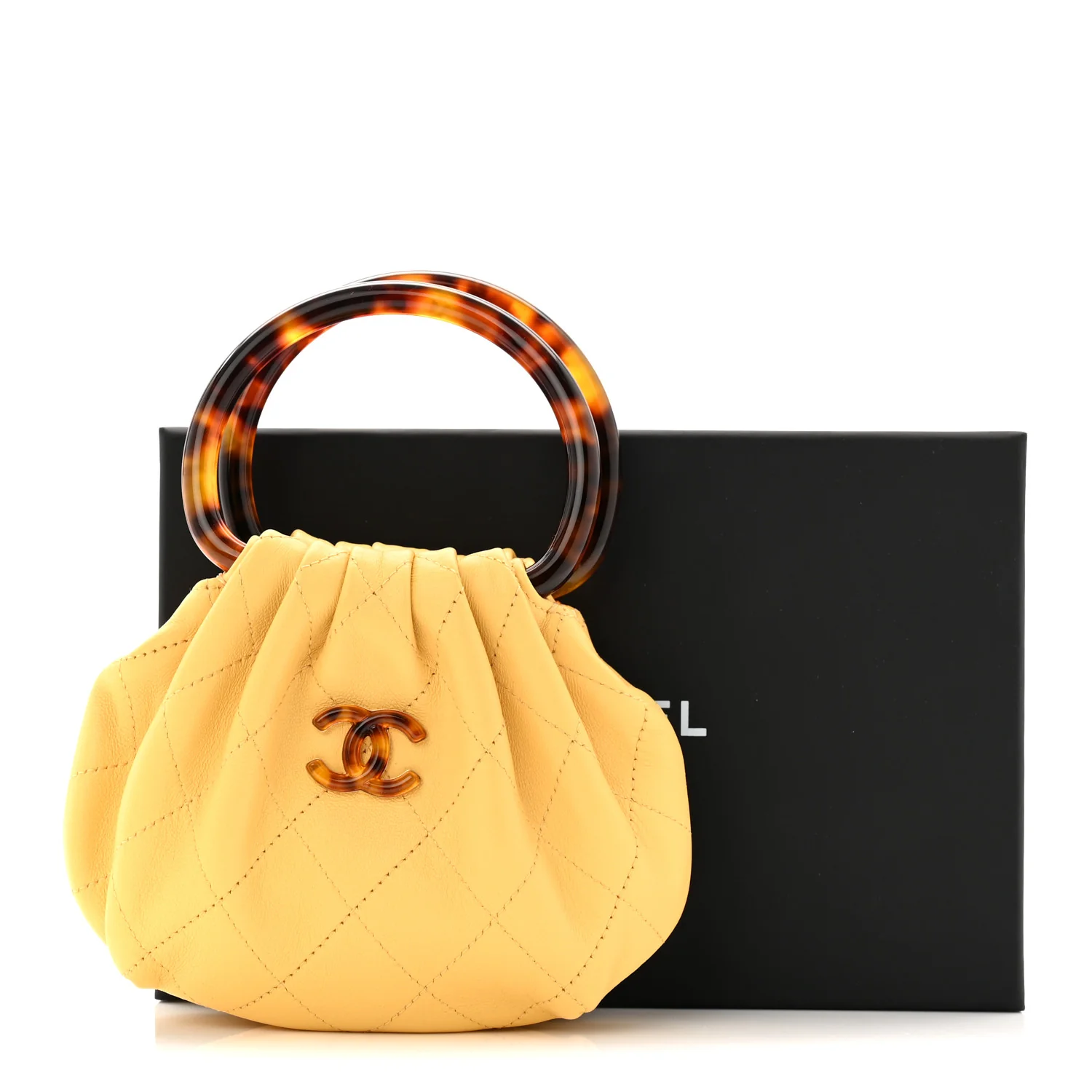 Lambskin Plexiglass Tortoise Shell Quilted Mini Pouch Yellow - Image 8