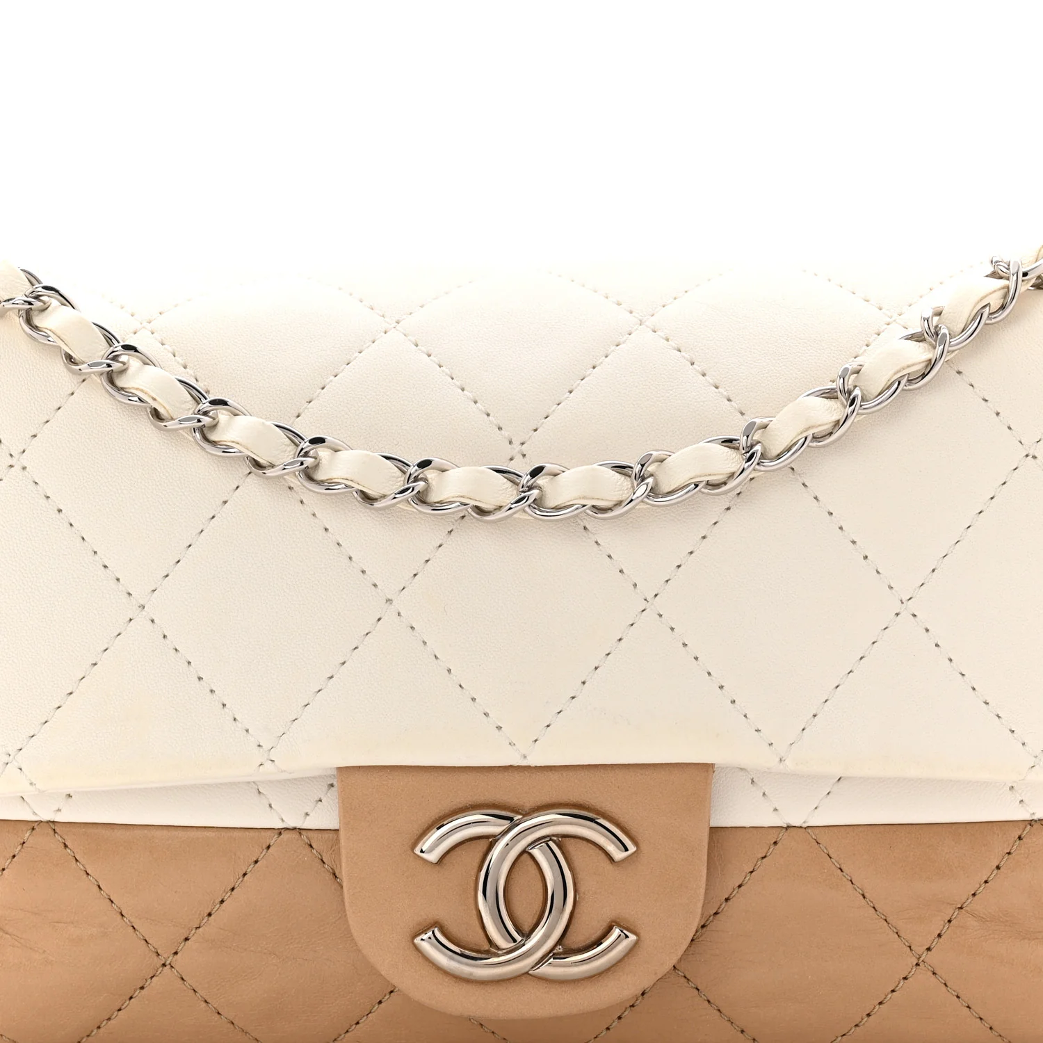 Lambskin Quilted Bi-Color Medium Single Flap White Beige - Image 8