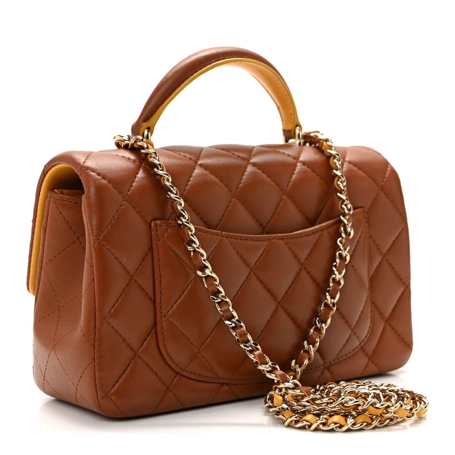 Lambskin Quilted Bi-Color Mini Top Handle Rectangular Flap Light Brown Yellow - Image 3