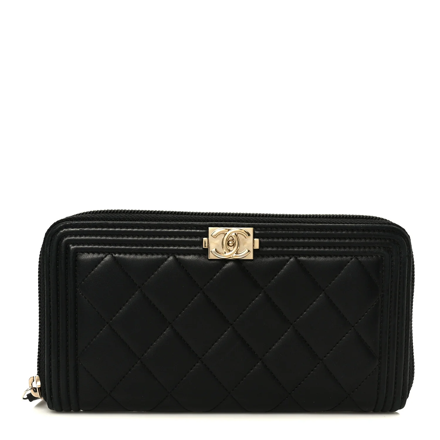 Lambskin Quilted Boy Long Zip Around Wallet Black