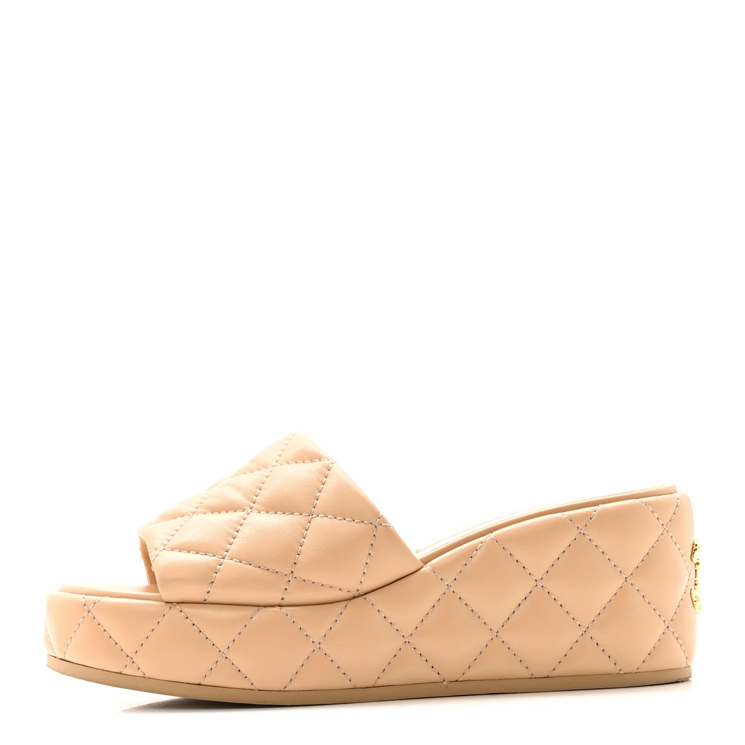 Lambskin Quilted Camelia CC Wedge Sandal Mules 37 Beige