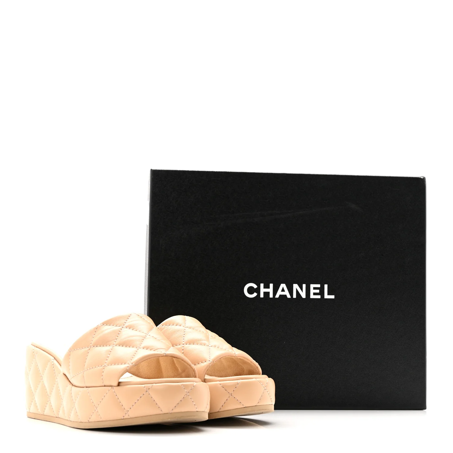 Lambskin Quilted Camelia CC Wedge Sandal Mules 37 Beige - Image 12