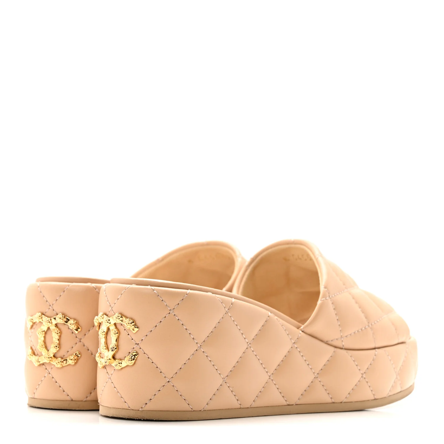Lambskin Quilted Camelia CC Wedge Sandal Mules 37 Beige - Image 5