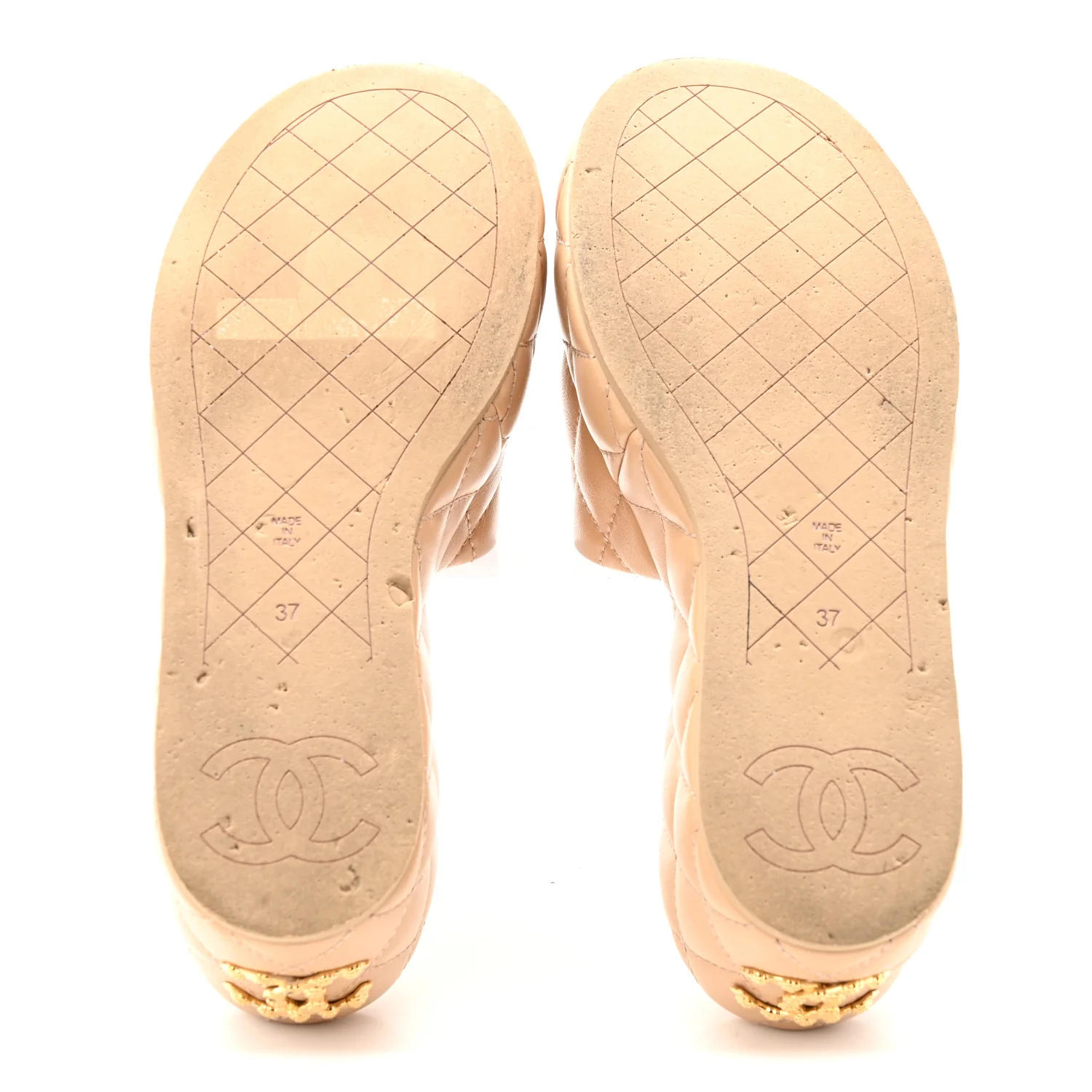 Lambskin Quilted Camelia CC Wedge Sandal Mules 37 Beige - Image 7