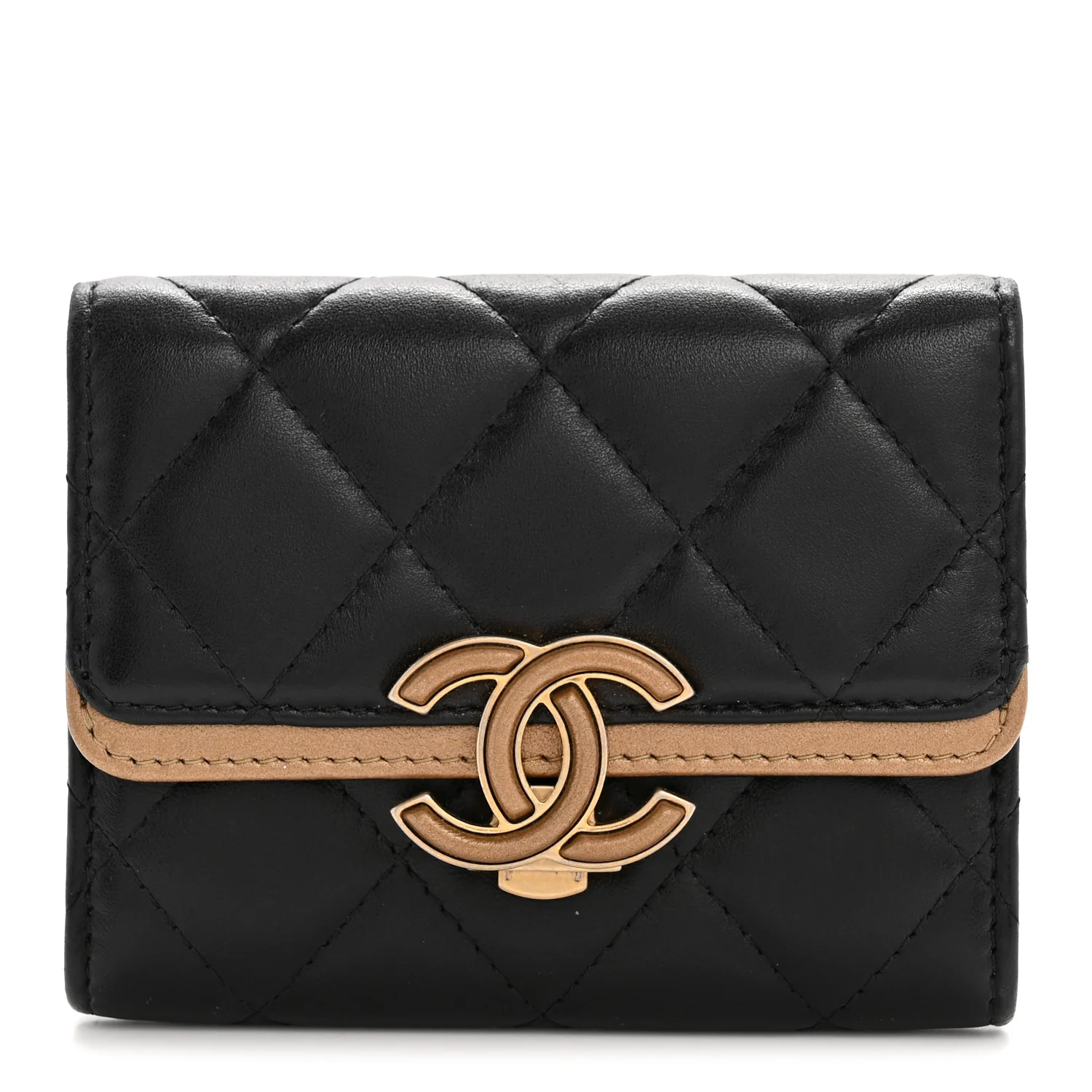 Lambskin Quilted CC Chic Flap Card Holder Black Gold