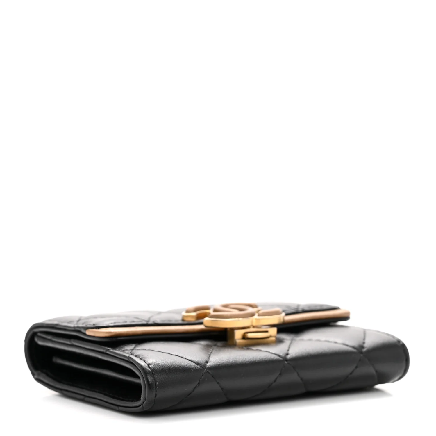 Lambskin Quilted CC Chic Flap Card Holder Black Gold - Image 4