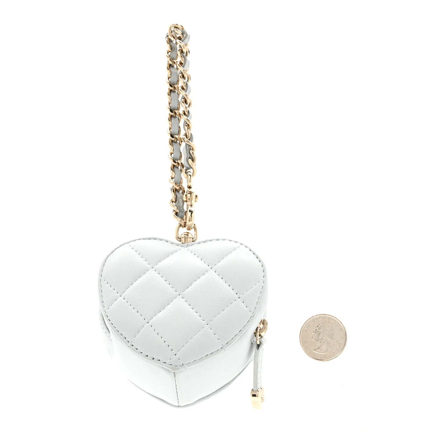Lambskin Quilted CC In Love Heart Coin Purse With Chain Light Blue - Image 3