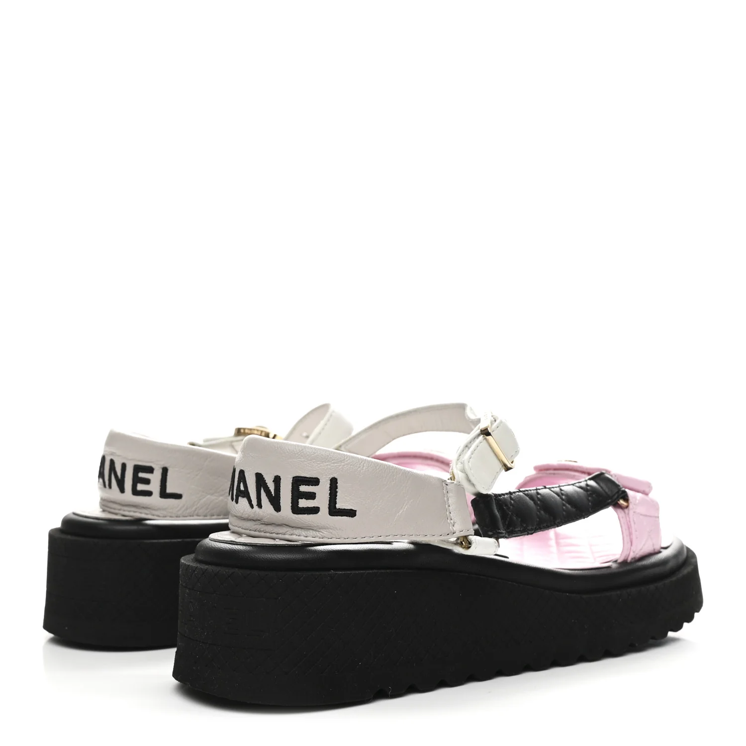 Lambskin Quilted CC Logo Platform Sandals 38 Black White Pink - Image 5