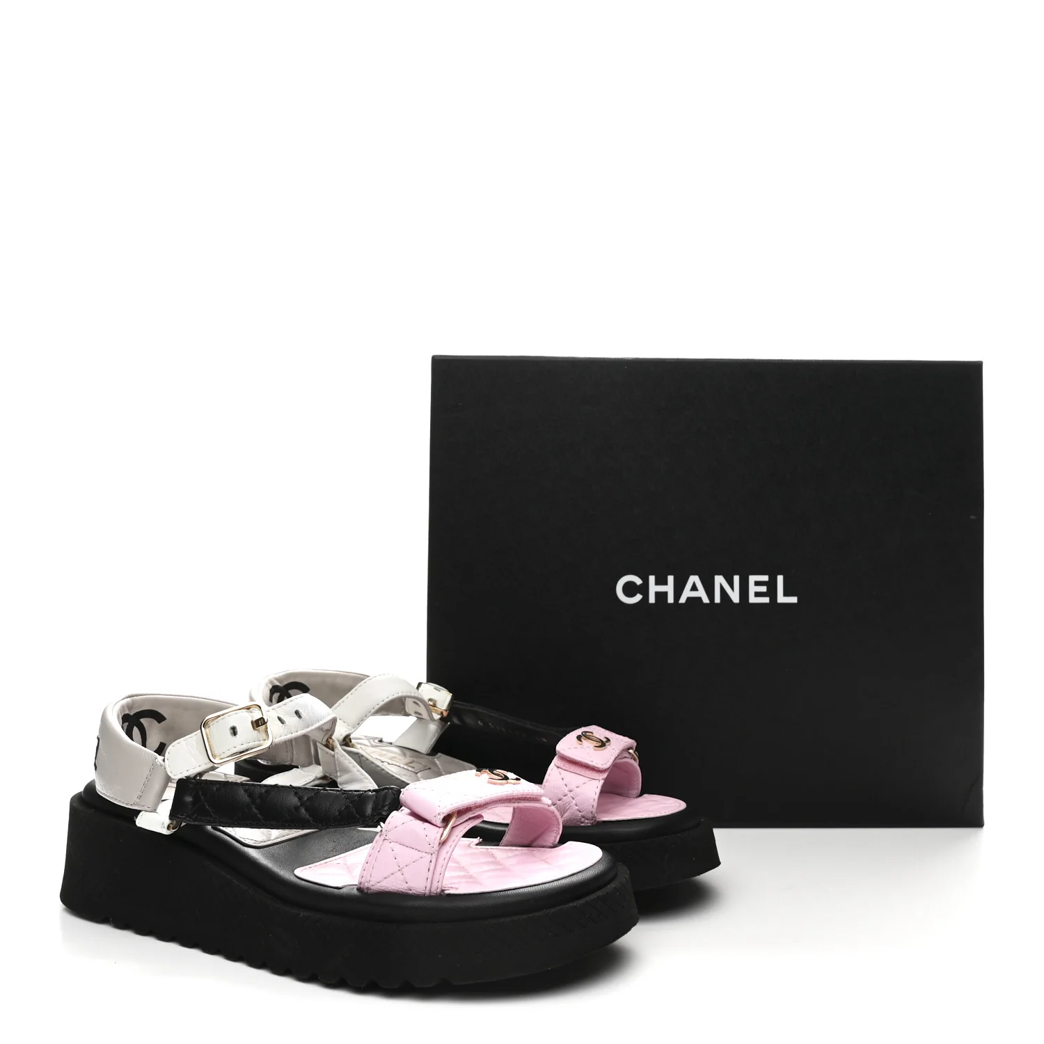Lambskin Quilted CC Logo Platform Sandals 38 Black White Pink - Image 9