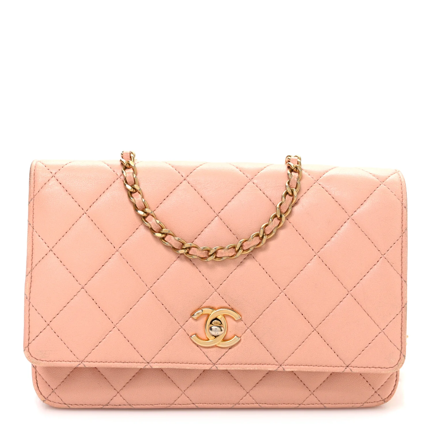 Lambskin Quilted CC Pearl Crush Wallet on Chain WOC Light Orange