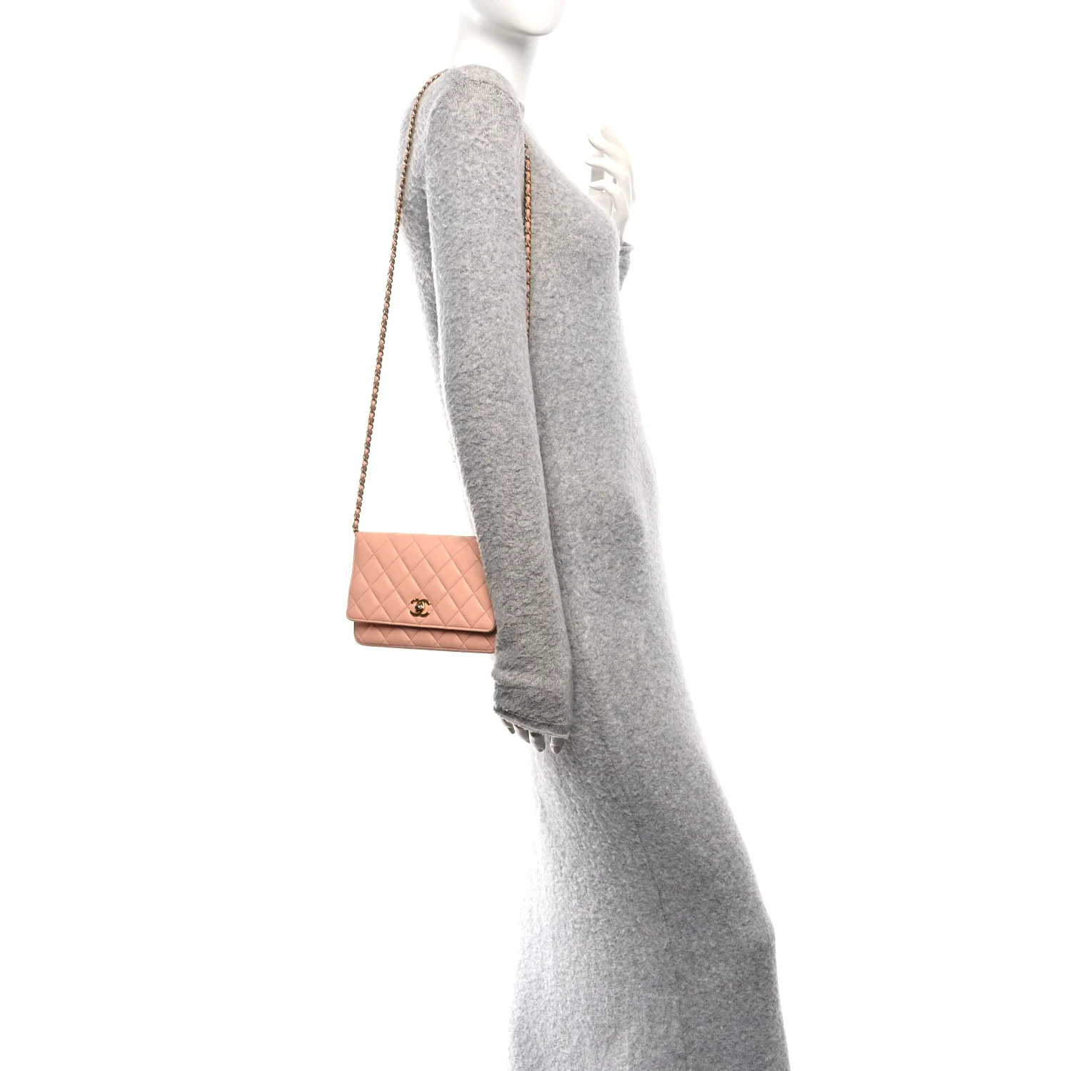 Lambskin Quilted CC Pearl Crush Wallet on Chain WOC Light Orange - Image 2