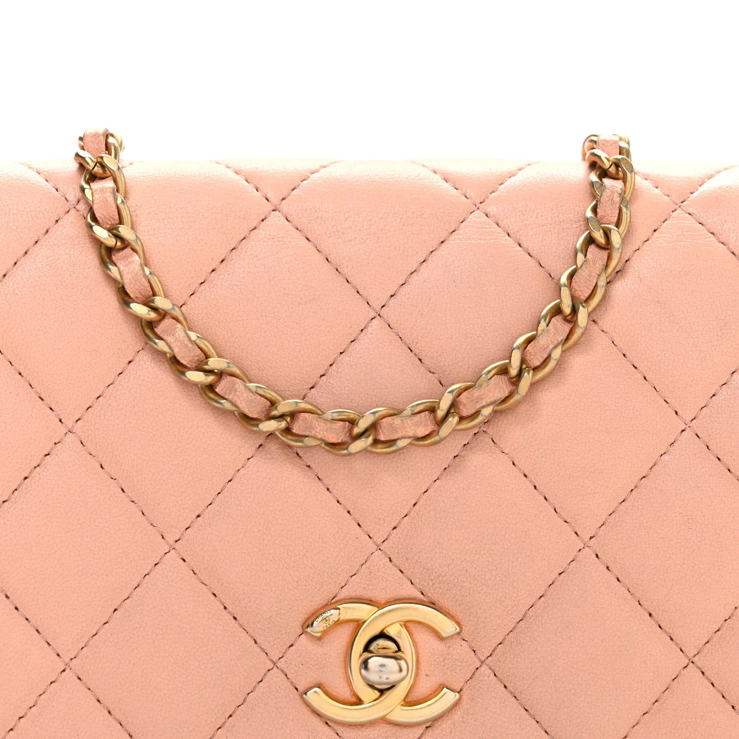 Lambskin Quilted CC Pearl Crush Wallet on Chain WOC Light Orange - Image 9