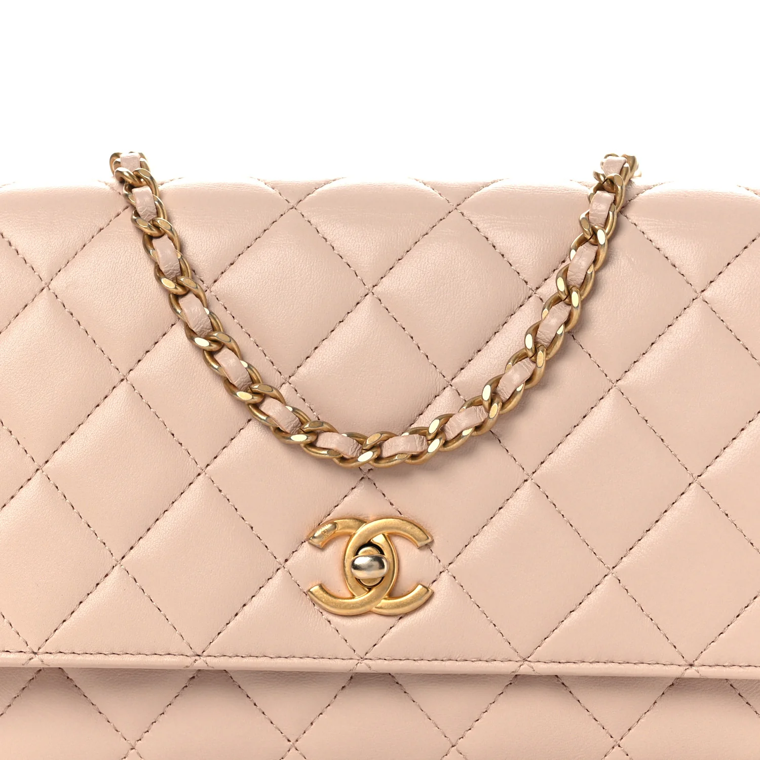 Lambskin Quilted CC Pearl Crush Wallet on Chain WOC Light Pink - Image 9