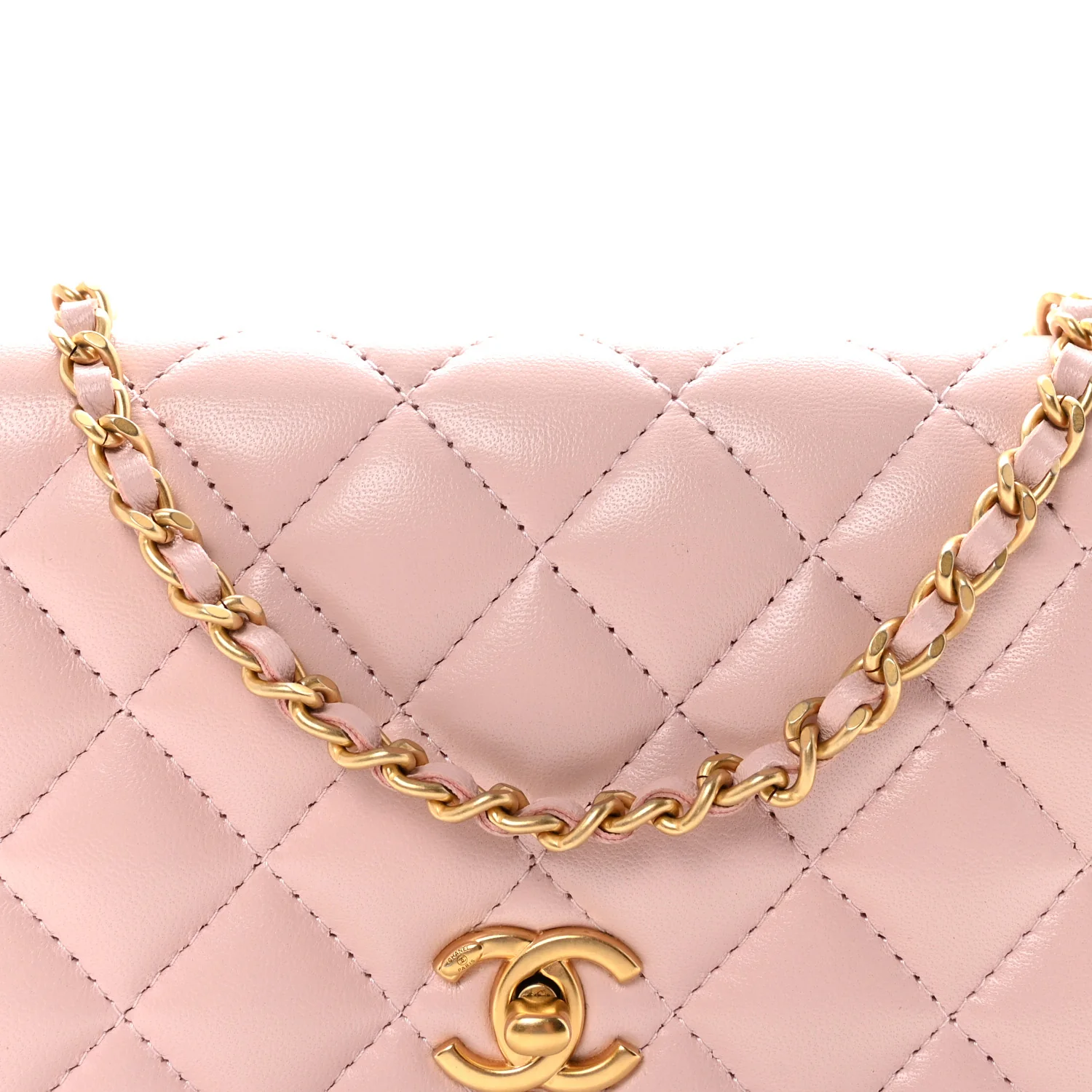 Lambskin Quilted CC Pearl Crush Wallet on Chain WOC Light Pink - Image 9