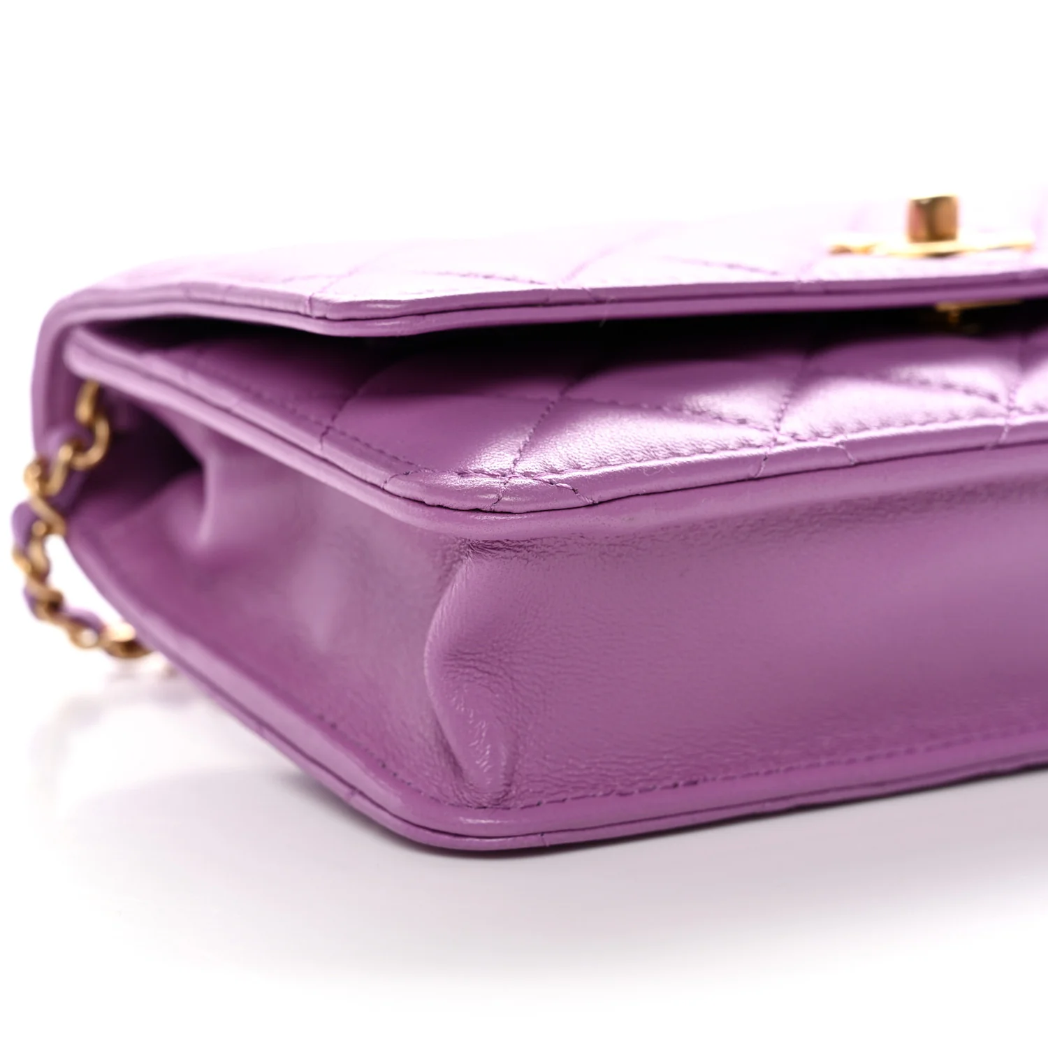 Lambskin Quilted CC Pearl Crush Wallet on Chain WOC Purple - Image 10