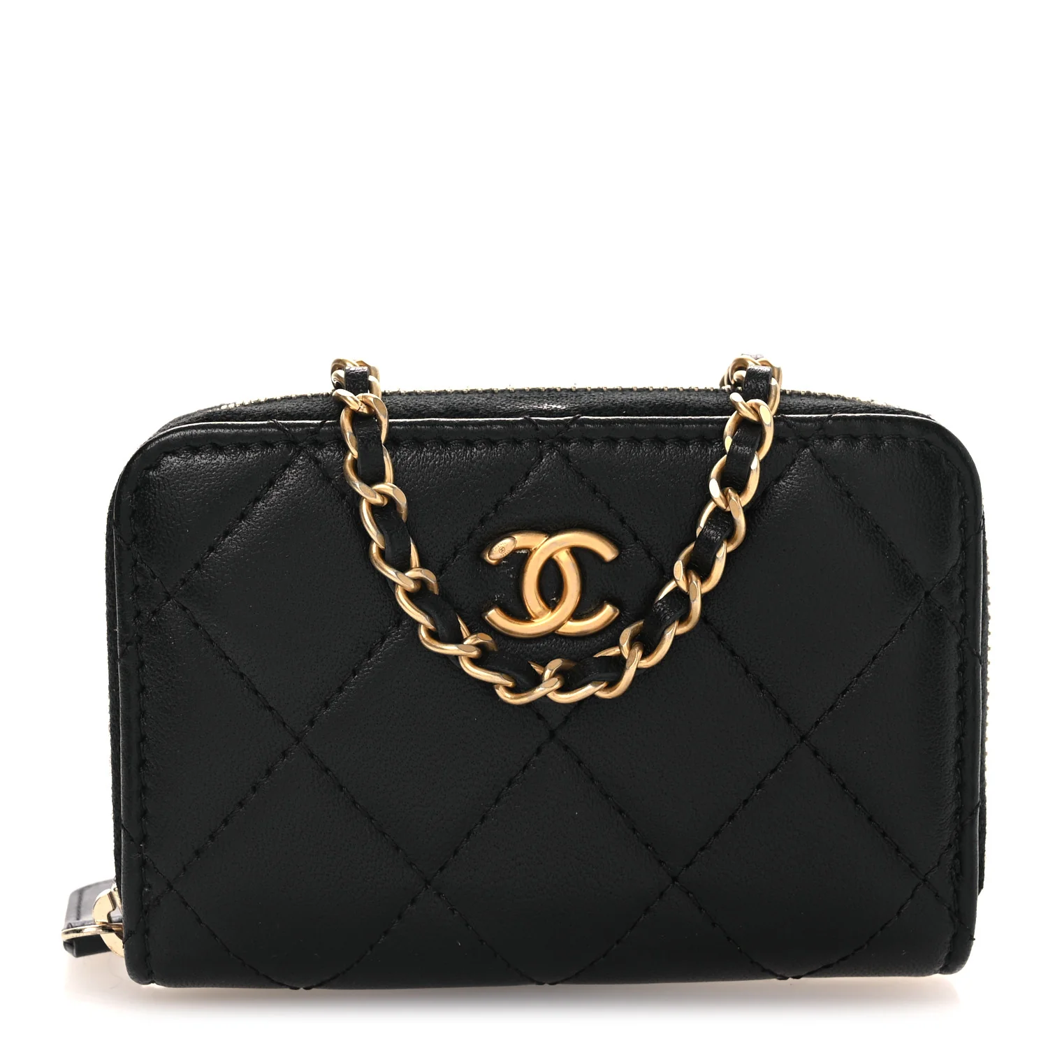 Lambskin Quilted CC Pearl Crush Zip Card Holder On Chain Black