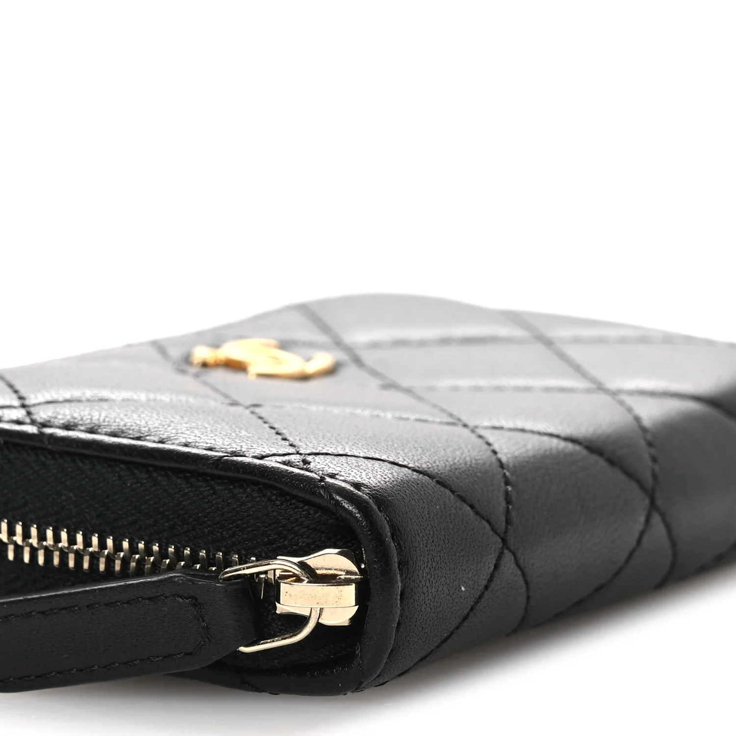 Lambskin Quilted CC Pearl Crush Zip Card Holder On Chain Black - Image 9