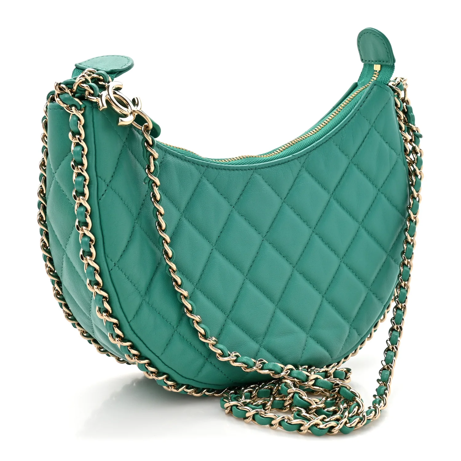 Lambskin Quilted Chain Around Hobo Green - Image 3