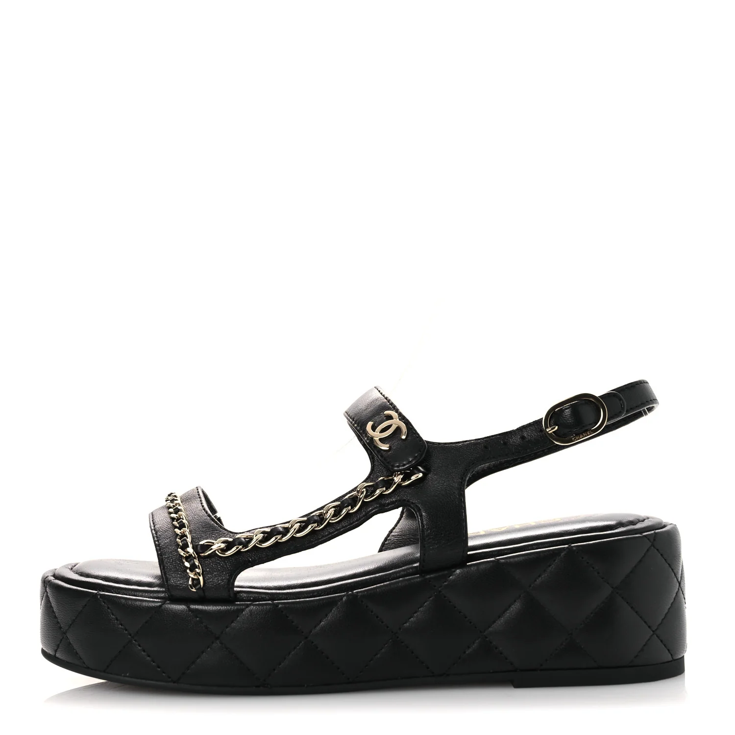 Lambskin Quilted Chain CC Platform Sandals 38 Black