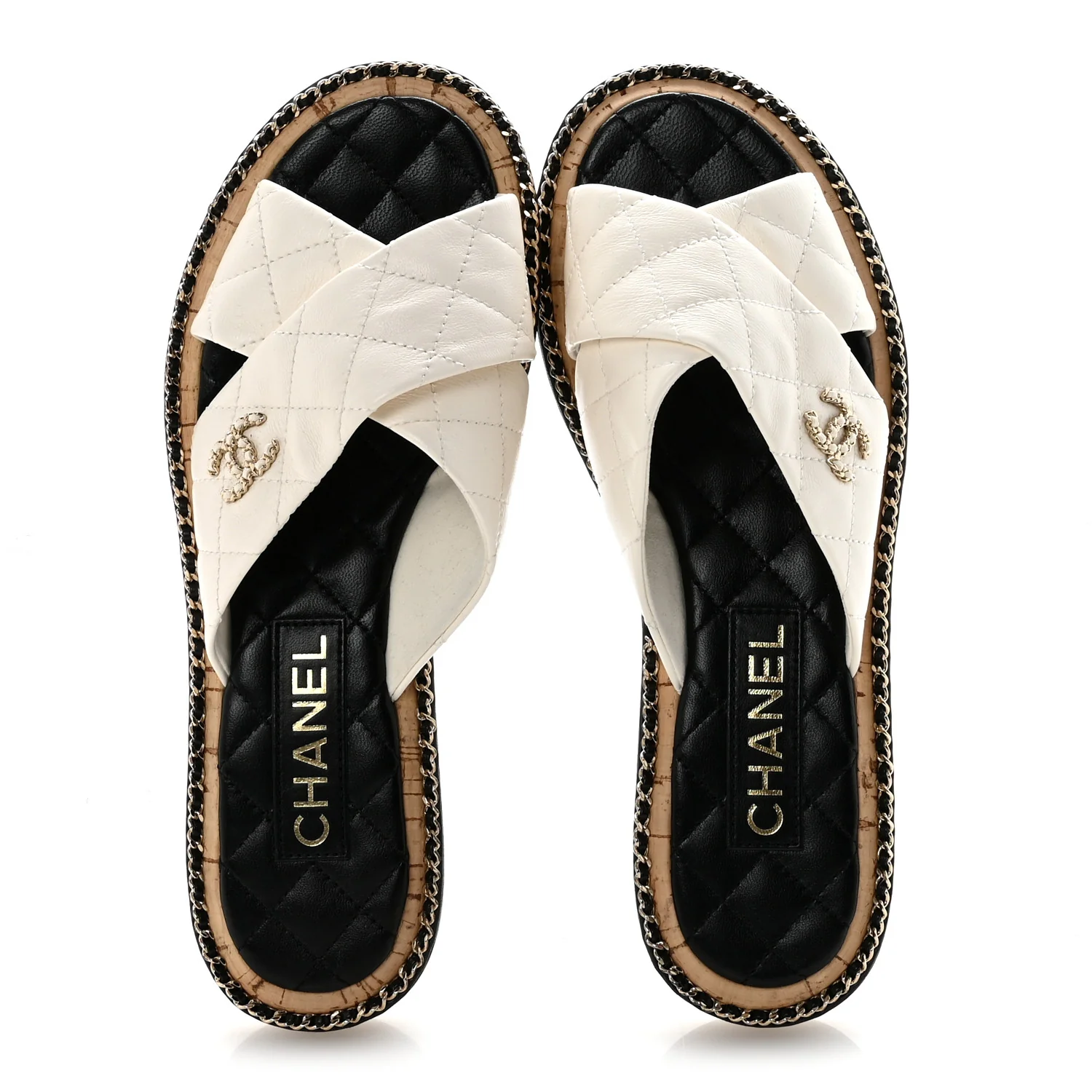 Lambskin Quilted Chain CC Sandals 38.5 White - Image 3