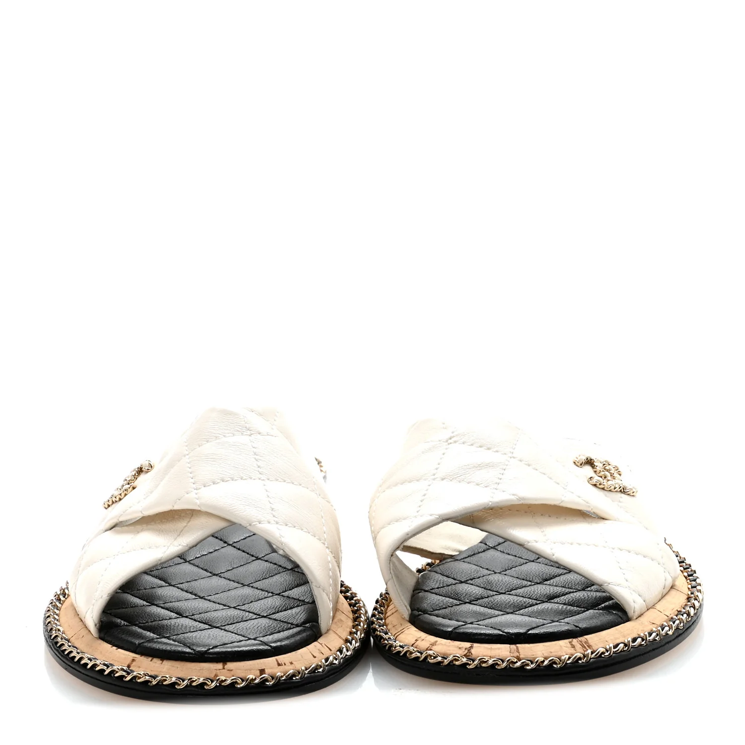 Lambskin Quilted Chain CC Sandals 38.5 White - Image 5