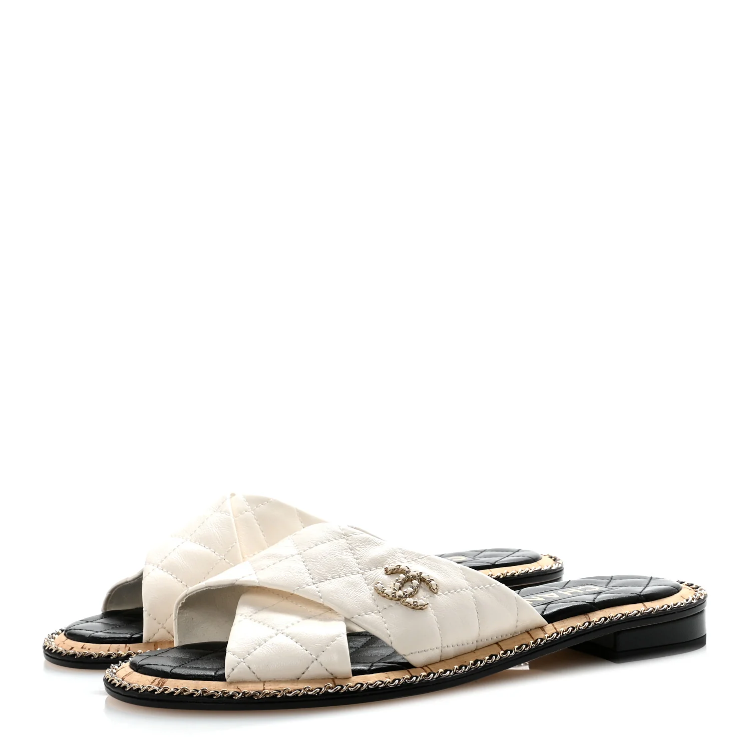 Lambskin Quilted Chain CC Sandals 38.5 White - Image 8