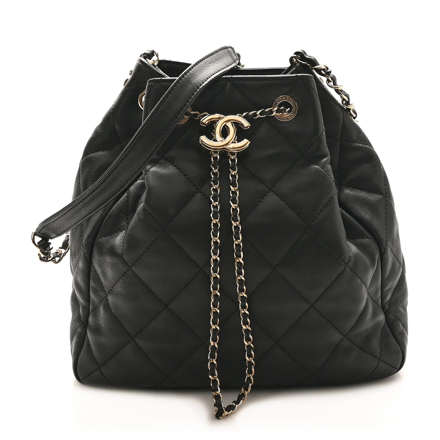 Lambskin Quilted Chain Drawstring Bag Black